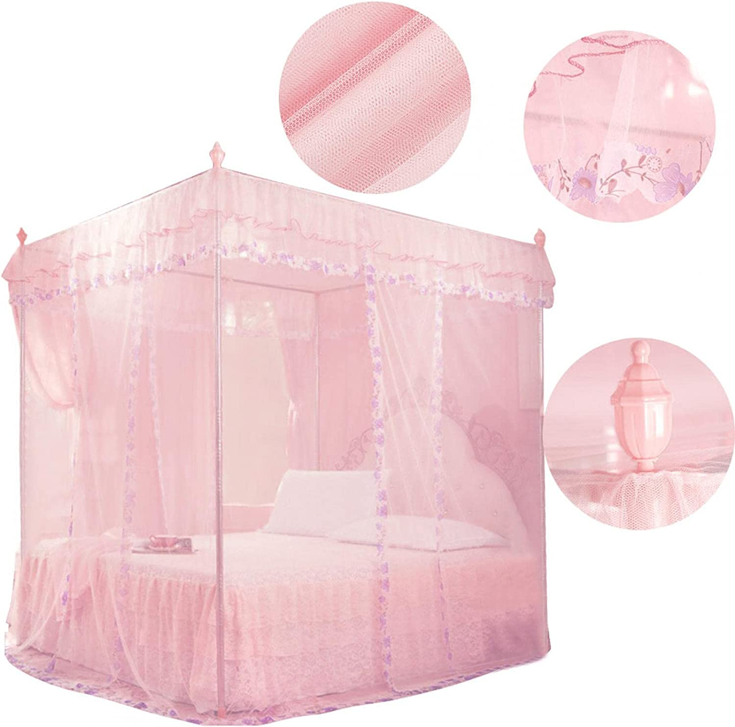 4 Corner Post Mosquito Net, Princess Bed Canopy, Breathable Bed Curtain Full Queen Size Bedroom Decoration #20 (150 * 200 * 200-Pink)