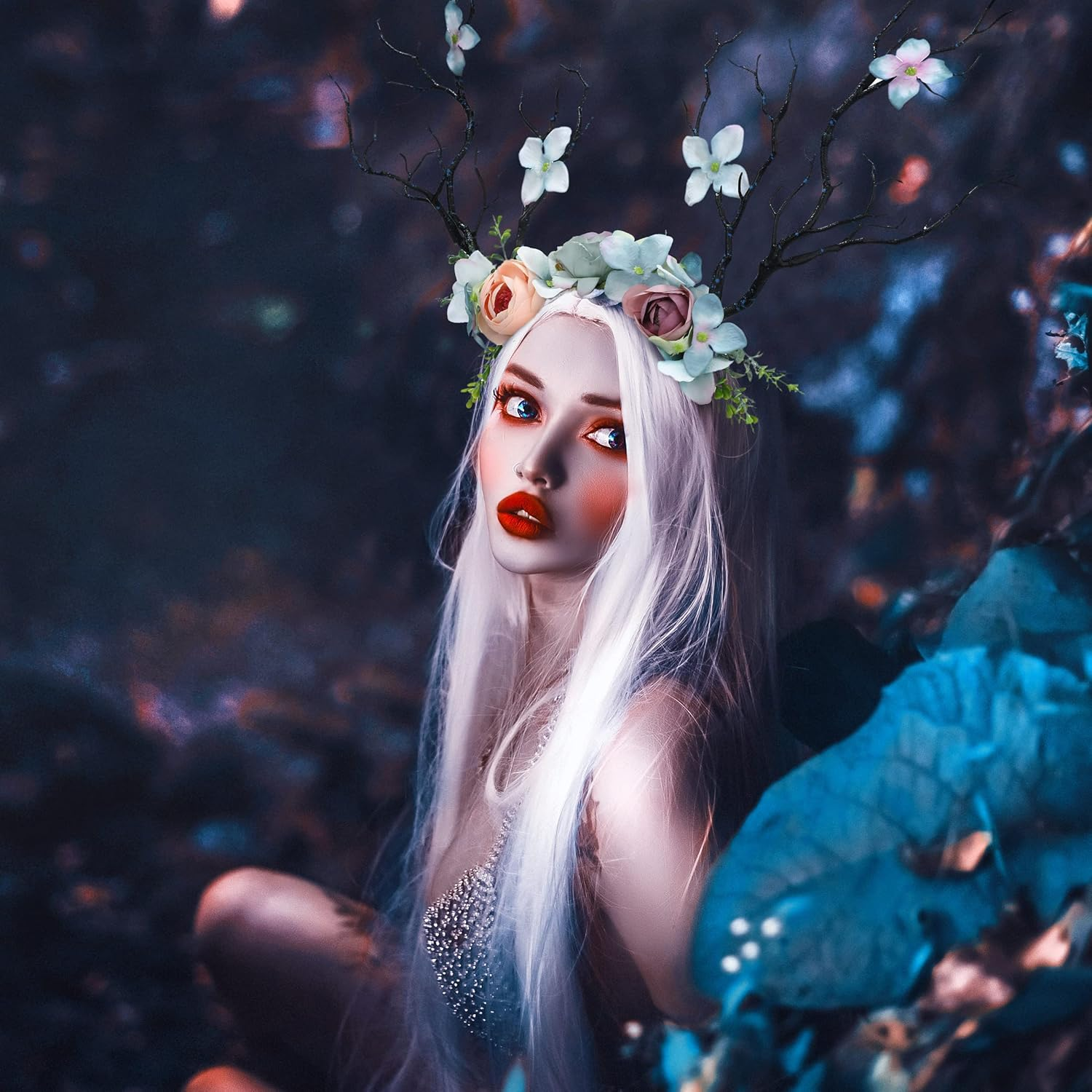 FRESHME Fairy Antlers Flower Crown - Handmade Elf Deer Reindeer Headbands Headpiece for Women Renaissance Cosplay Accessories - Green image number 5