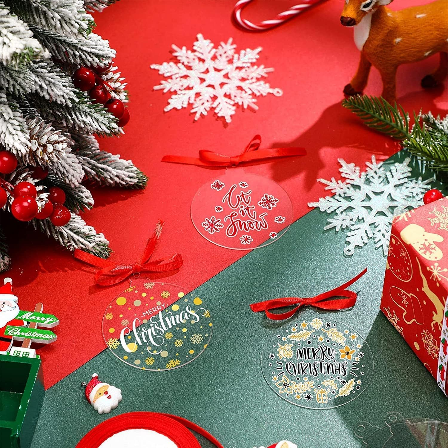 16 Pieces Clear round Acrylic Christmas Ornament with Red Ribbon DIY Blank round Acrylic Ornament Transparent Circle Discs for Christmas Bauble Tree Decoration Tag Craft (Cute Style, 4 Inches) image number 3