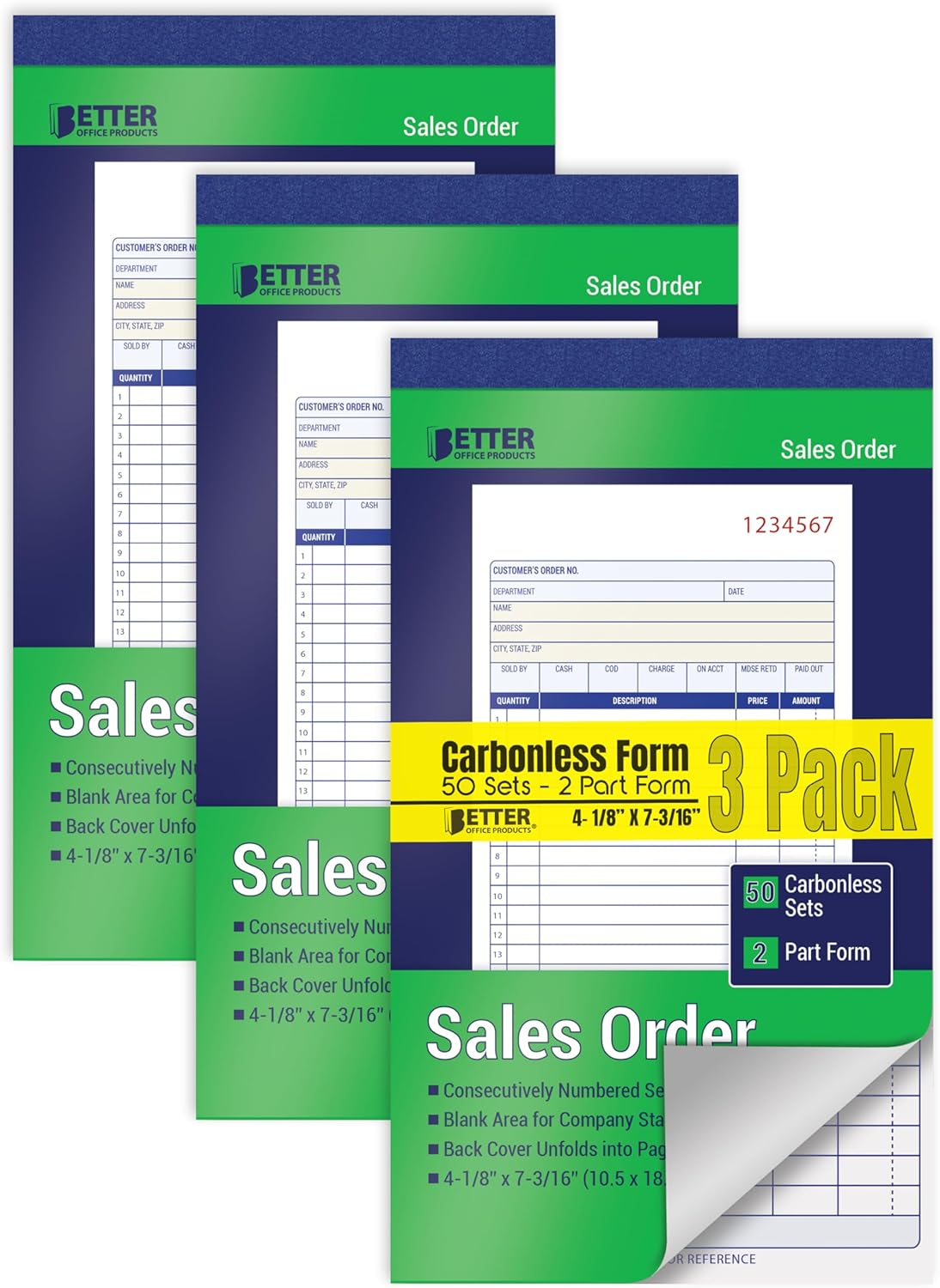 Better Office Products Sales Order Books, 3 Pack, 2-Part Carbonless (White/Canary Yellow), 4-1/8 X 7-3/16 Inches, by , 50 Sets per Book, 150 Total Sets, 3 Books image number 3