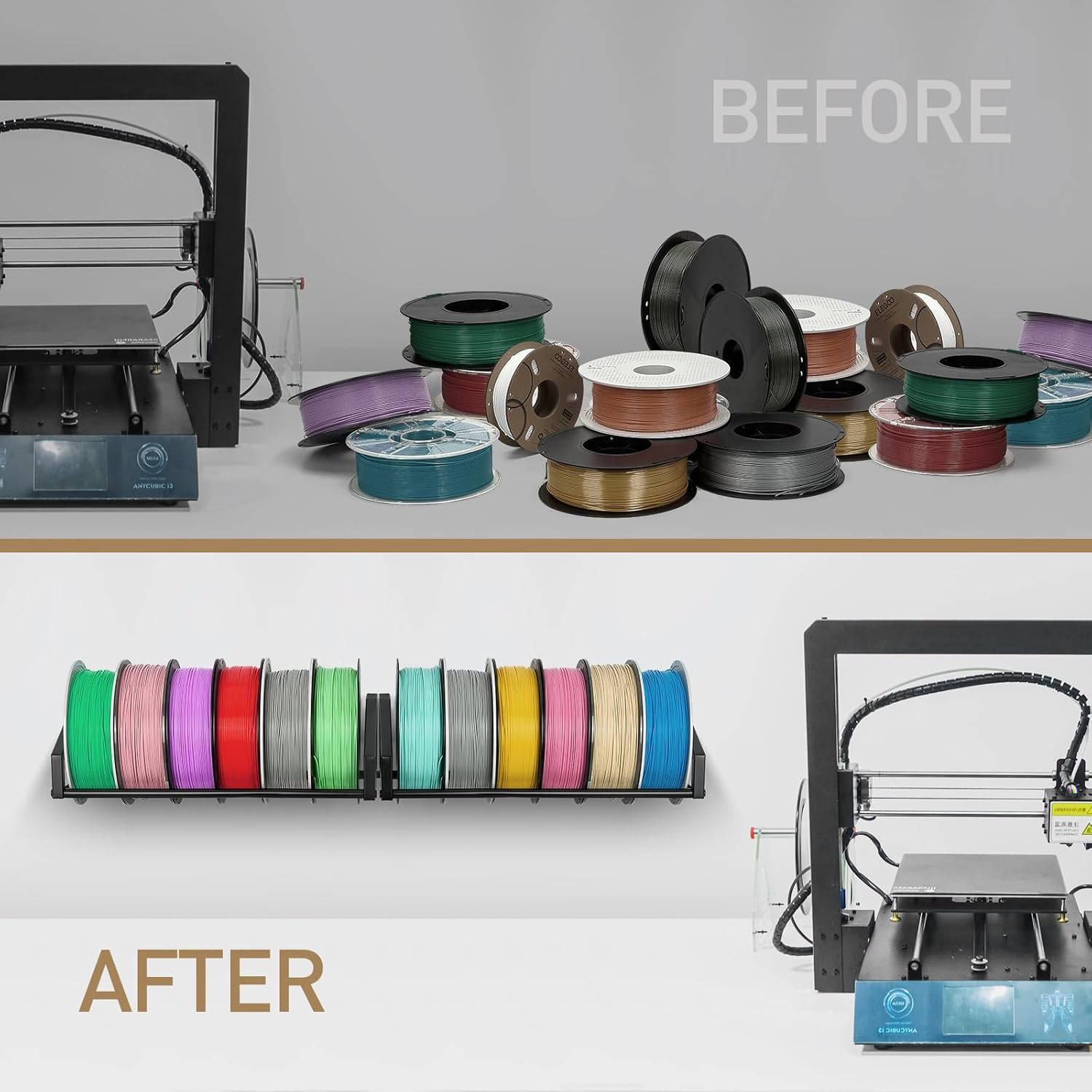 Filament Storage, 3D Printer Filament Storage Rack - Wall Mounted Heavy Duty Filament Spool Holder 2 Tier Metal Shelf Organizer for PLA, ABS, TPU, Nylon - Ideal for 3D Printing Workstation Home Office