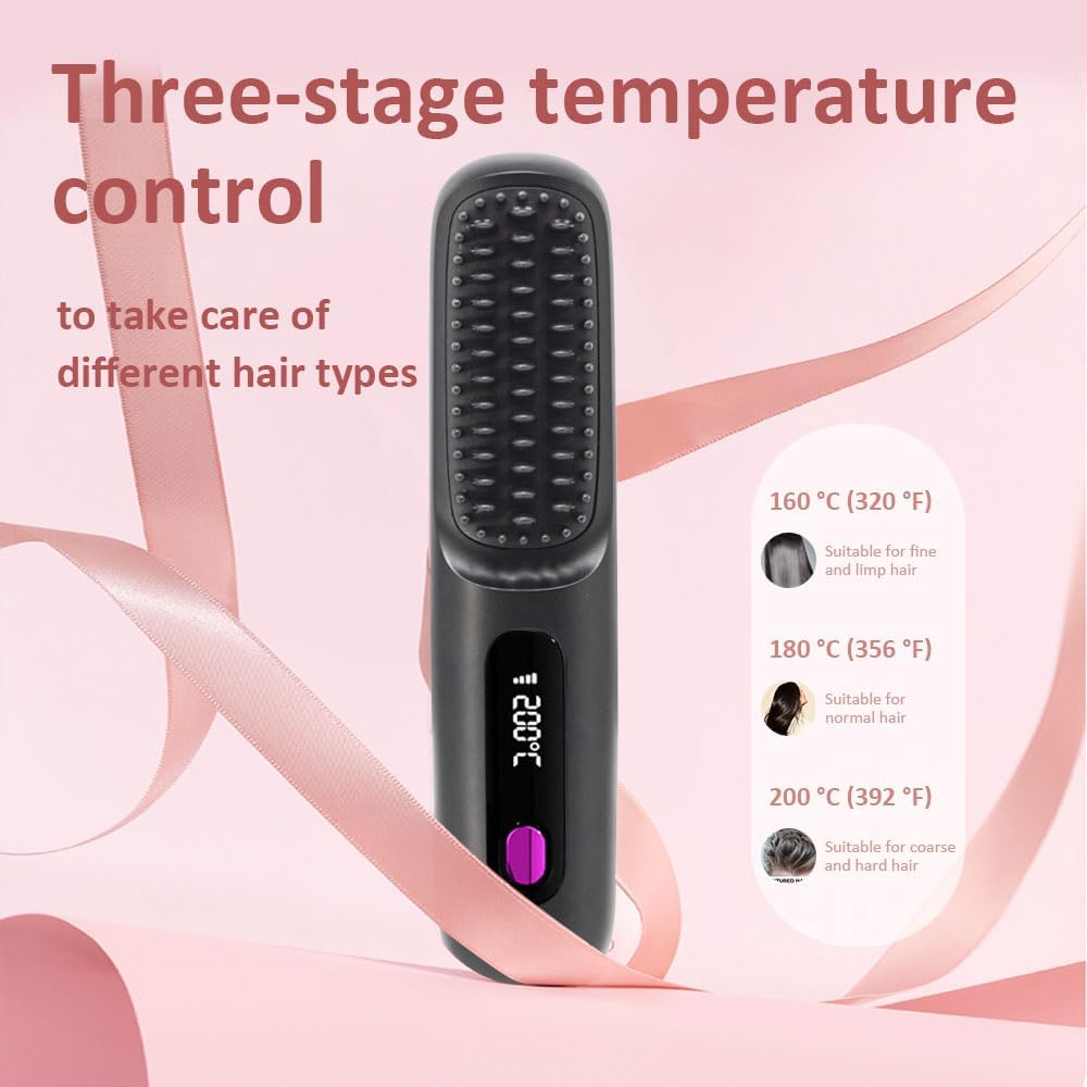 Wireless Ceramic Hair Straightening Comb, Portable Negative Ion Straightener, 1.77" X 7.87", Black