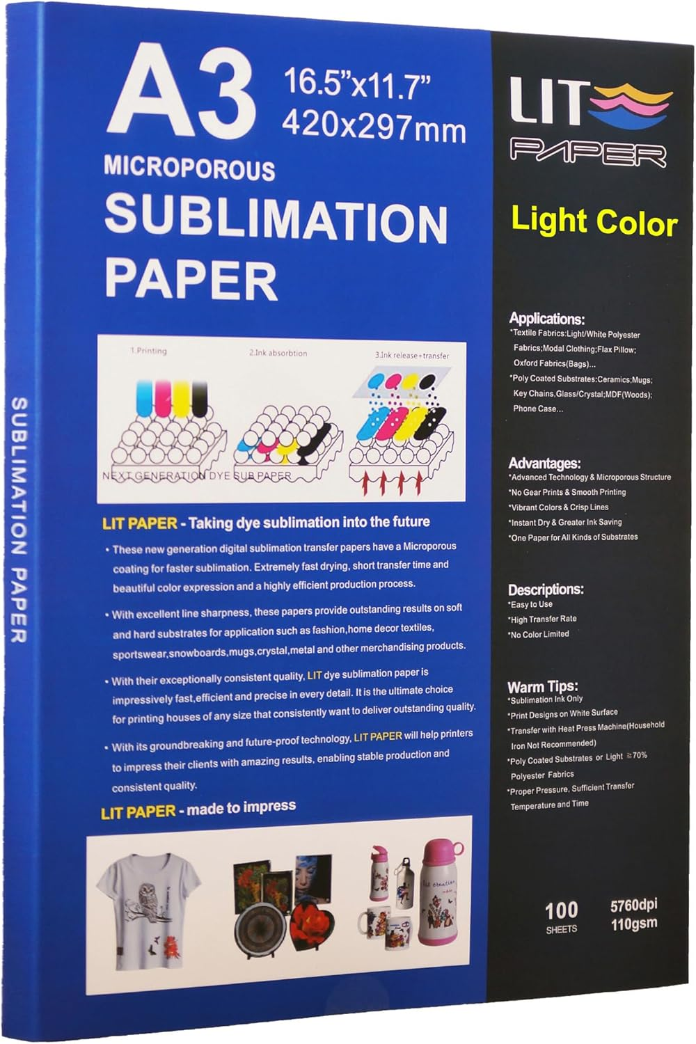 LIT Sublimation Paper A3 420X297 Mm, 100 Sheets 110Gsm Heat Press Transfer Paper - for Any Epson Sawgrass Ricoh HP Canon Inkjet Sublimation Printers with Sublimation Ink for Sub Blanks Shirts Mugs image number 4