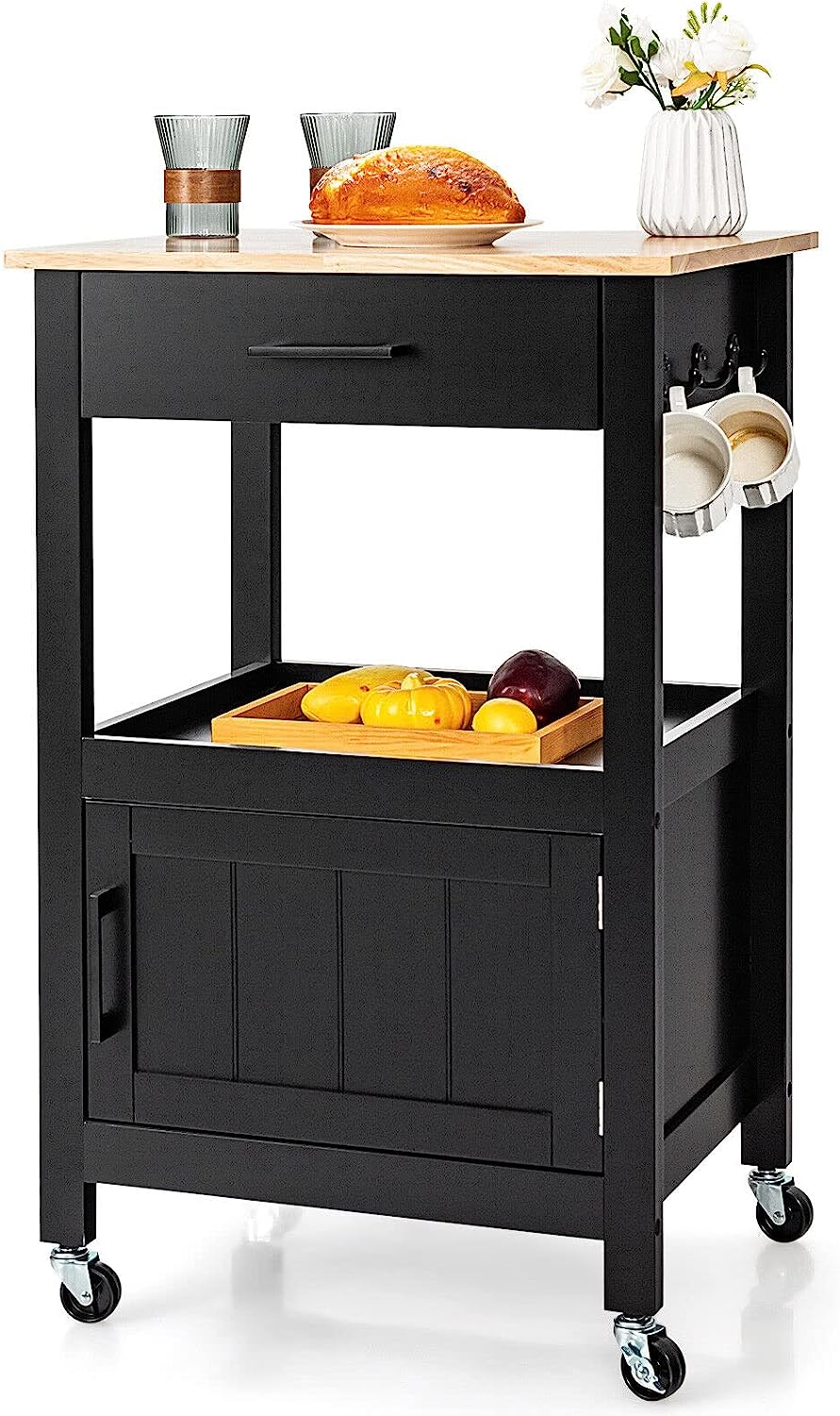 Giantex Small Kitchen Island Cart on Wheels, Rolling Kitchen Island W/Rubber Wood Top, Large Drawer, 3 Hooks, Open Shelf, Door Cabinet, Suitable for Kitchen & Dining Room, White