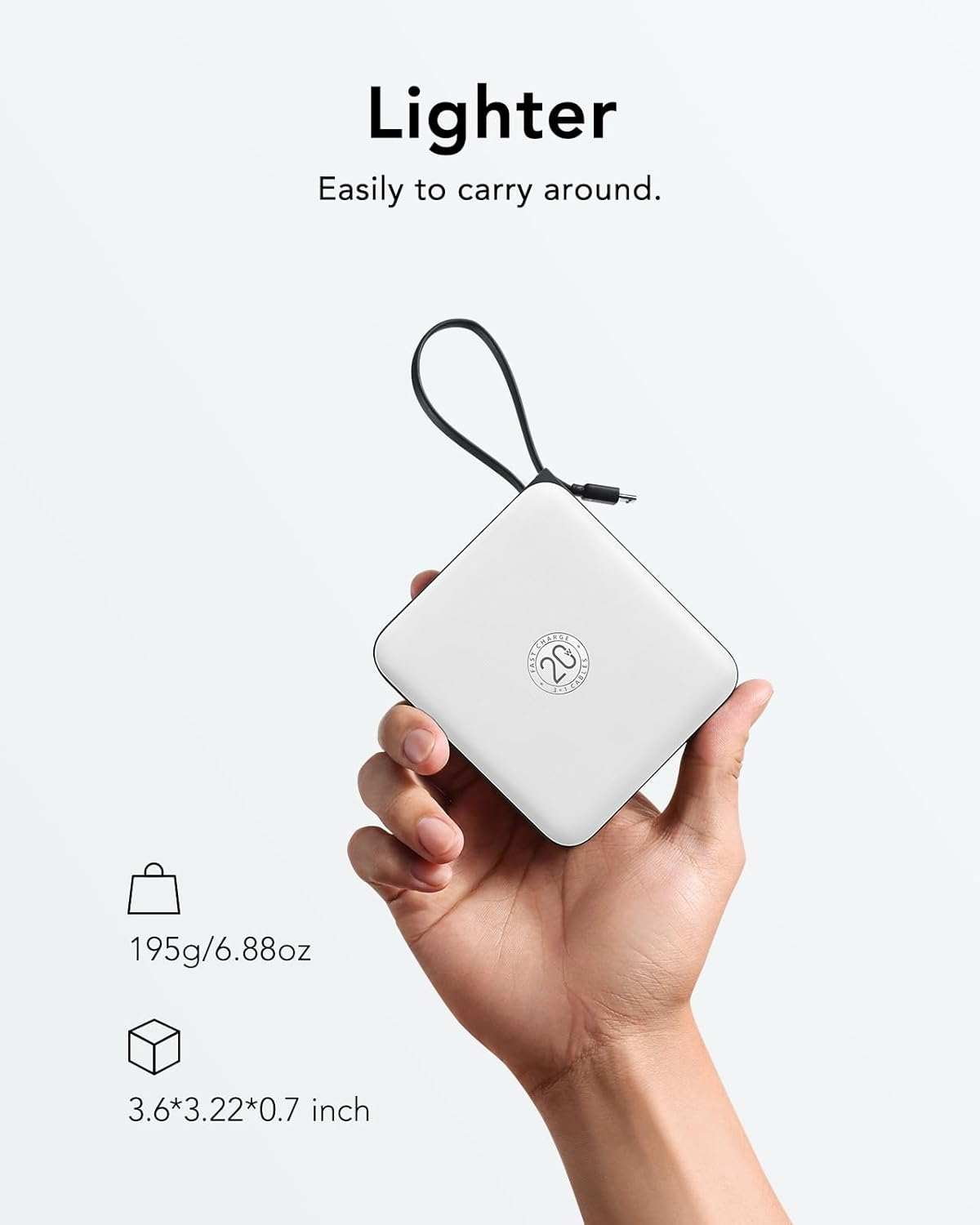 Portable Charger Power Bank Built-In Cables, 10000Mah 22.5W Fast Charging USB C Battery Pack, VRURC Phone Charger Battery & LED Display,White image number 2