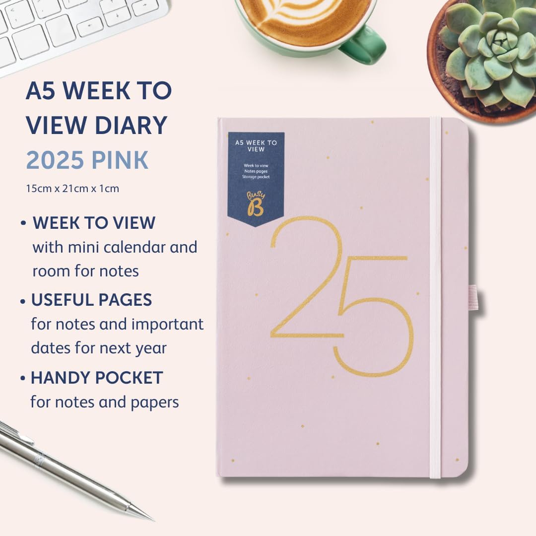 Busy B A5 Weekly Planner Diary 2025 - Compact Diary for Students, Teachers, Work & More with a Week-To-View Layout, Notes Pages, Storage Pocket & Elastic Closure Band - Pink Planner Jan-Dec image number 1