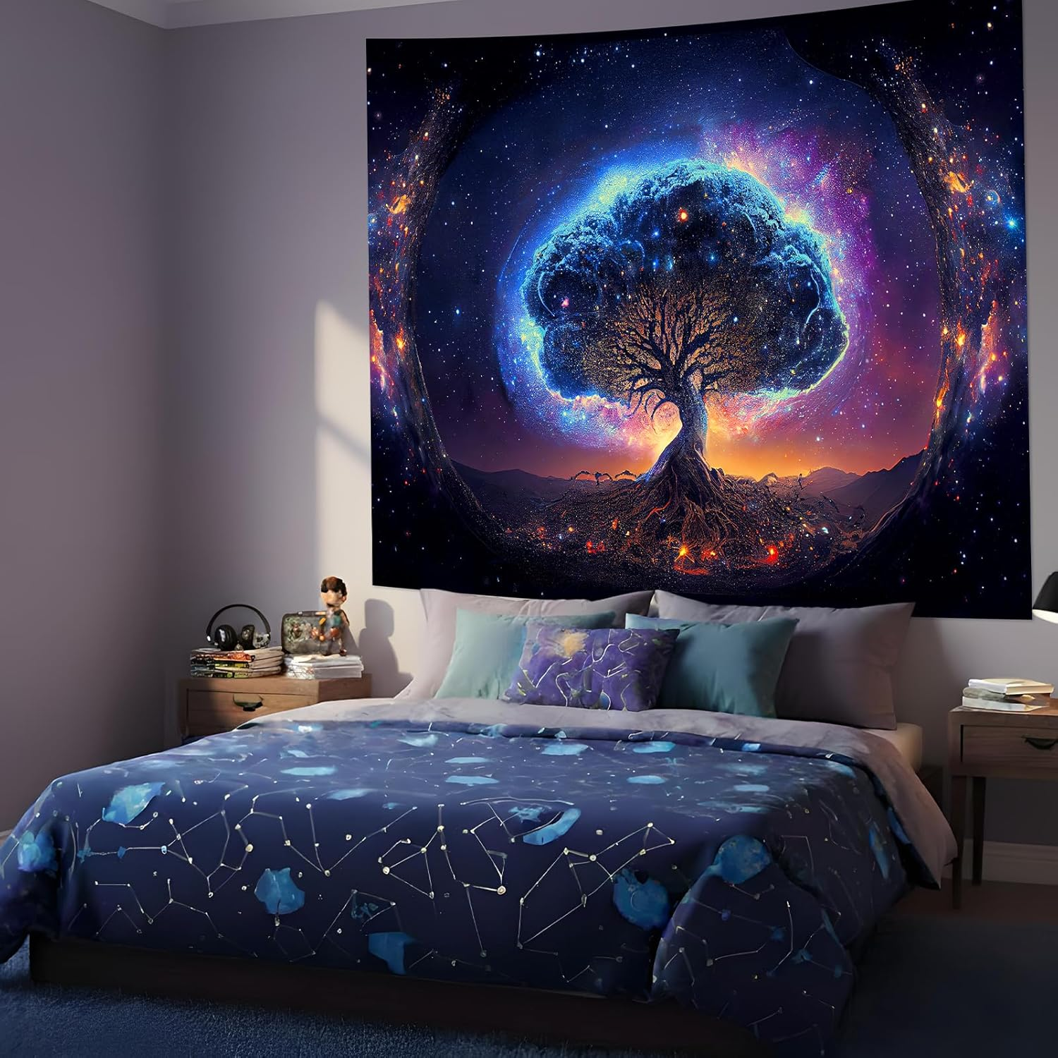 Blacklight Tree and Space Tapestry for Bedroom, Aesthetic Cool Black Light Tree of Life Tapestries for Girl, Fantasy Stars Galaxy Wall Hanging for Living Room Teen Dorm Decor (51" X 60") image number 3