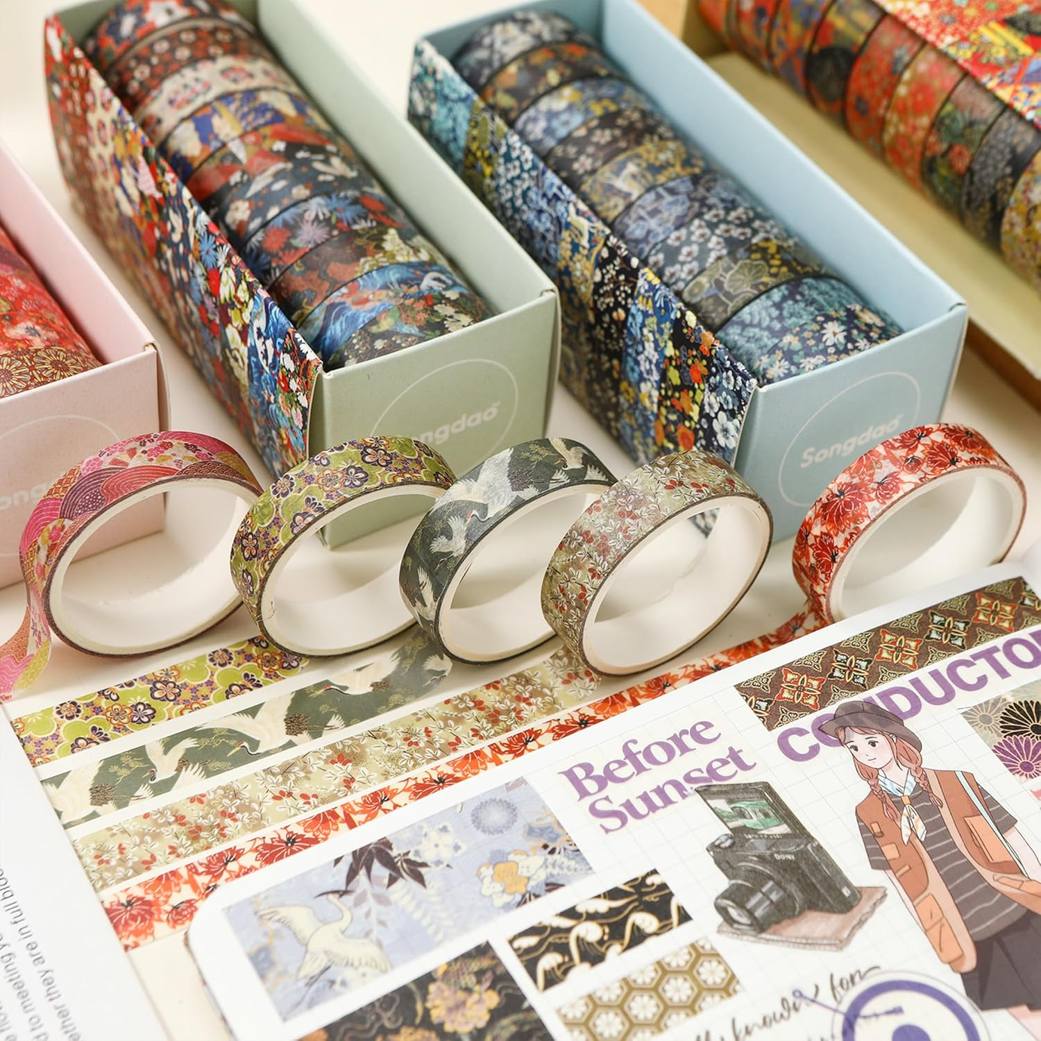 12 Rolls Ukiyo-E Style Washi Tape Set Japanese Kyoto Arts Adhesive Tapes Skinny Decorative Masking Tape Sets for Craft, Kids, Scrapbook, DIY, Gift Wrapping (Blooming Heritage)