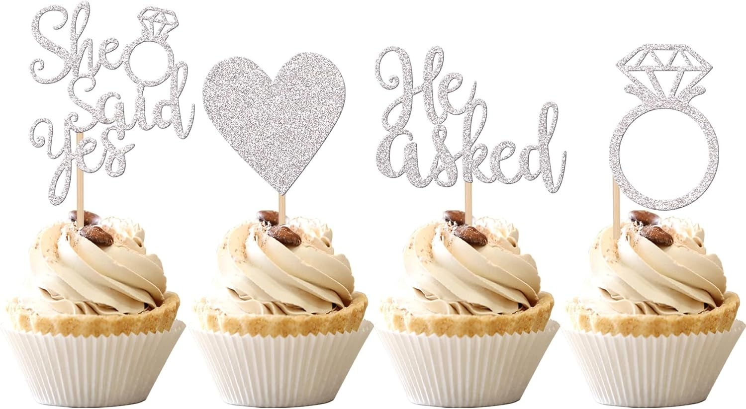 24 Pack He Asked She Said Yes Cupcake Toppers with Glitter Heart Ring Bachelorette Cake Picks Decorations for Wedding Engagement Bridal Shower Party Supplies Silver image number 4