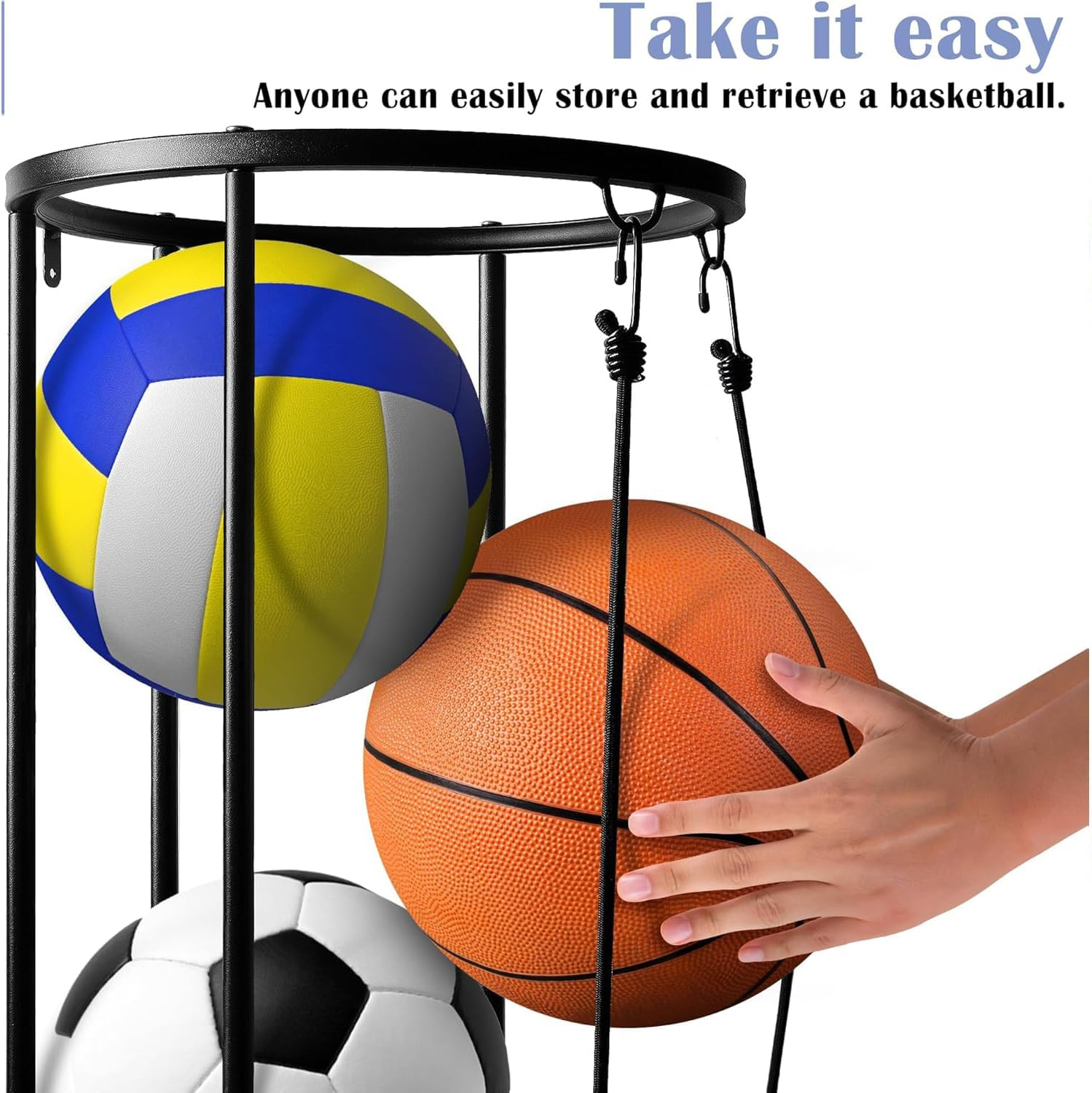 Garage Ball Storage Rack, Rolling Basketball Holder, Ball Cage Storage Rack for Basketball, Football, Volleyball, Space-Saving Sports Ball Storage Organizer for Garage & Home image number 4