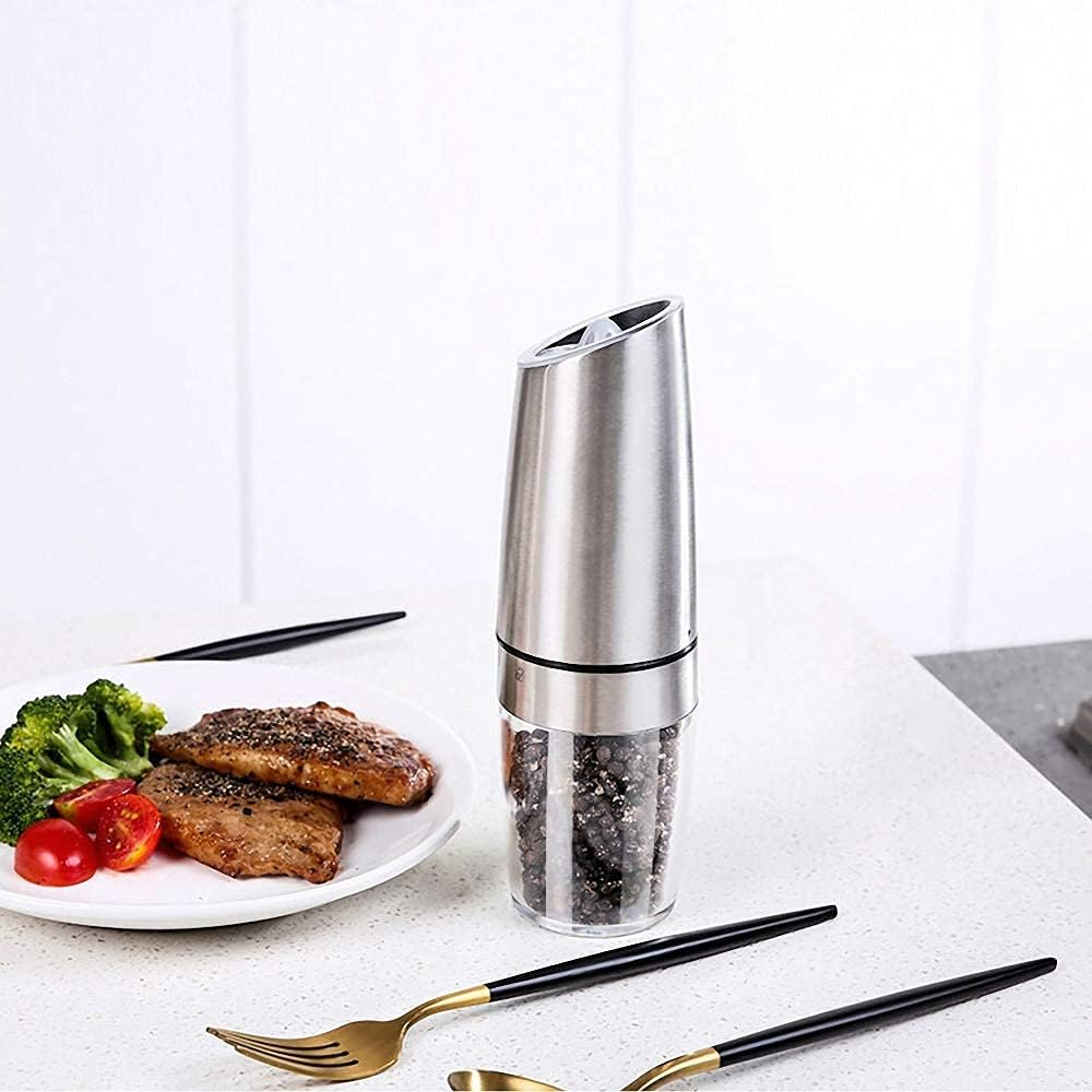 AVNICUD Electric Salt and Pepper Grinder, Automatic Pepper Mill, Gravity Salt Grinder, Battery-Operated with Adjustable Coarseness, LED Light, One Hand Operated (Silver 2Pack) - Black 1Pack image number 6