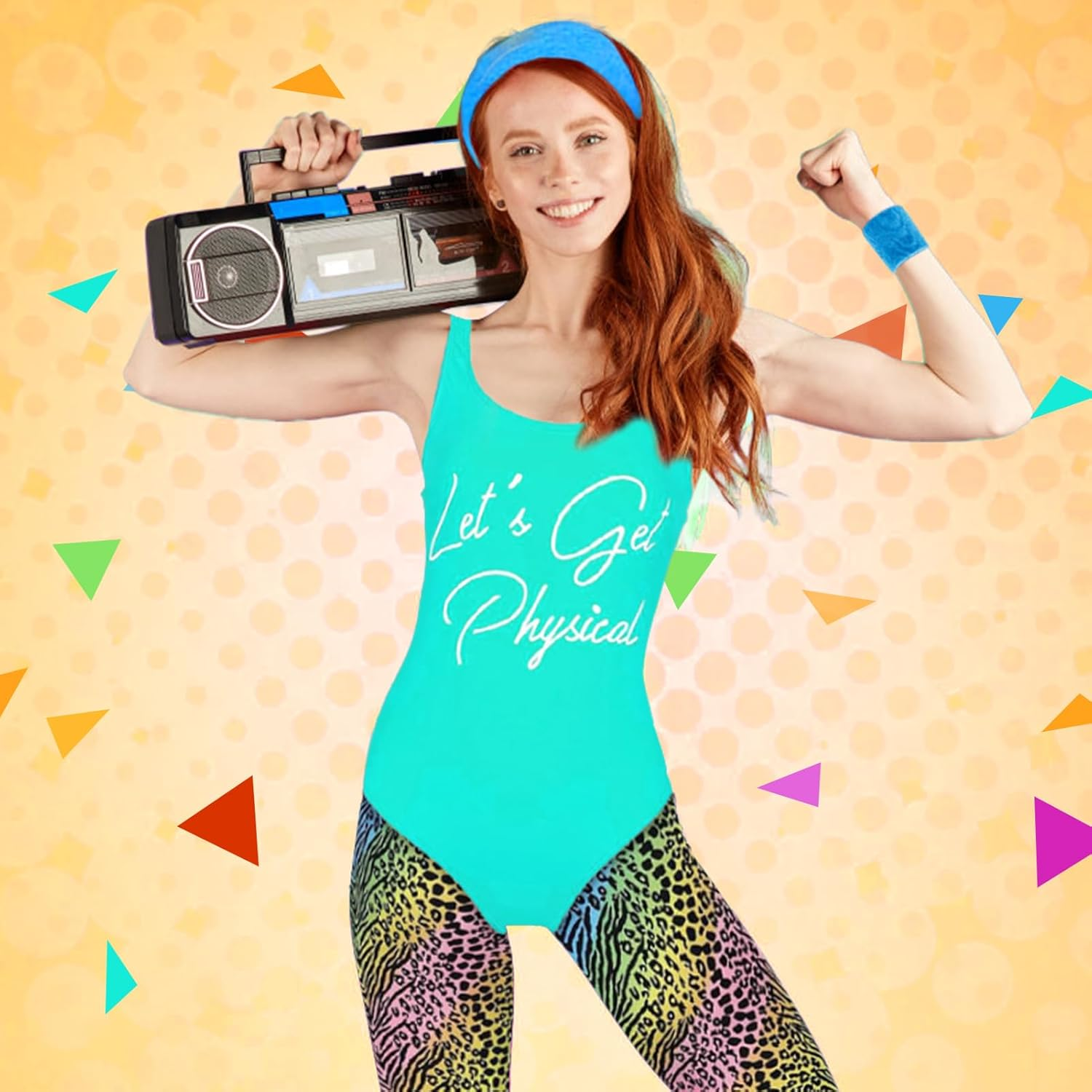 80S Costume Women 80S Workout Costume 70S 90S Retro Tracksuit with Vest Bottoms Leg Warmers Inflatable Radio Wrist Wraps Headband Set for 1980 Retro Parties Hen Do Parties Ladies image number 1