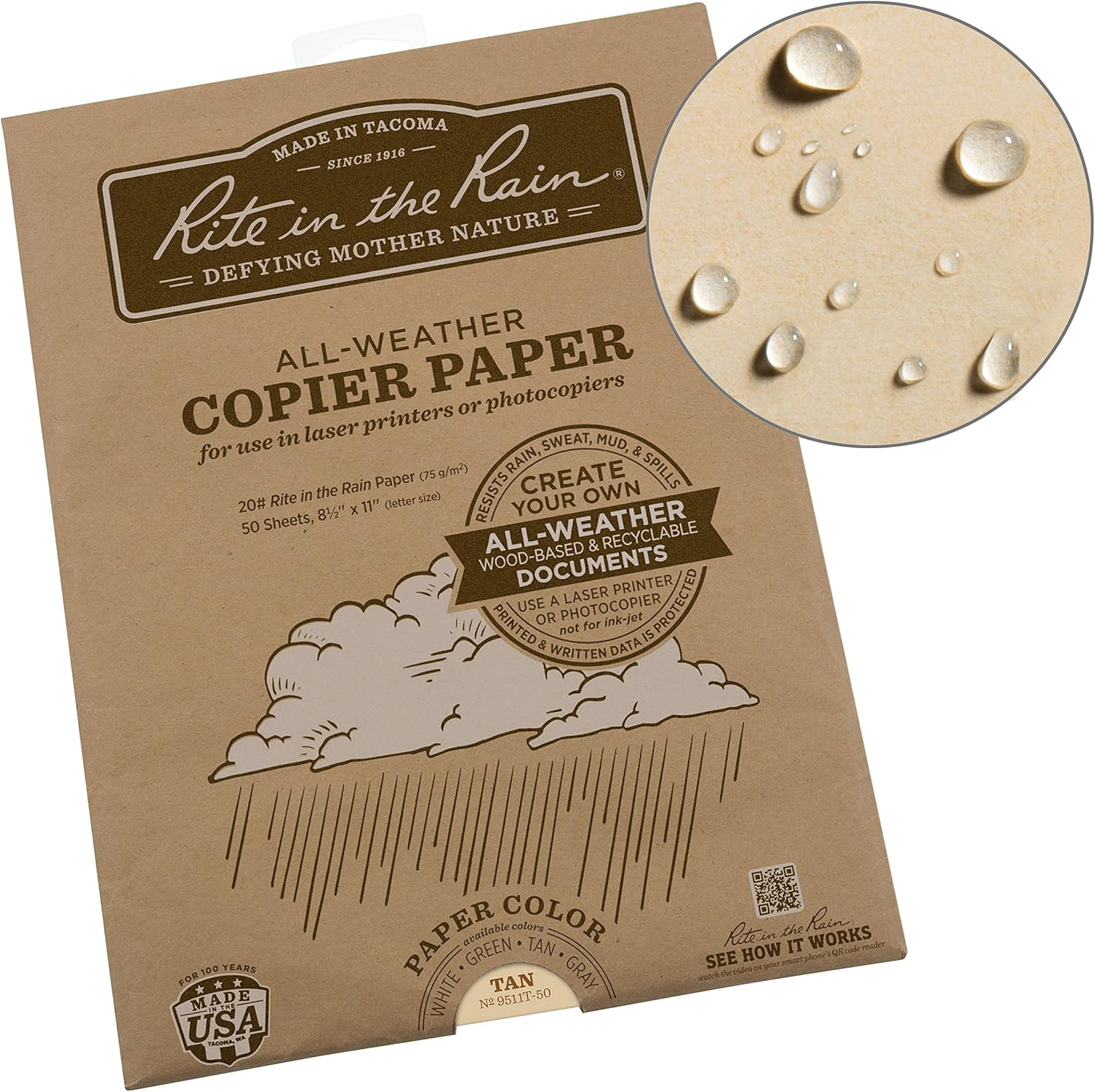 Rite in the Rain Weatherproof Laser Printer Paper, 8.5" X 11", 20# Gray Colored Printer Paper, 50 Sheet Pack (No. 8511GY-50)