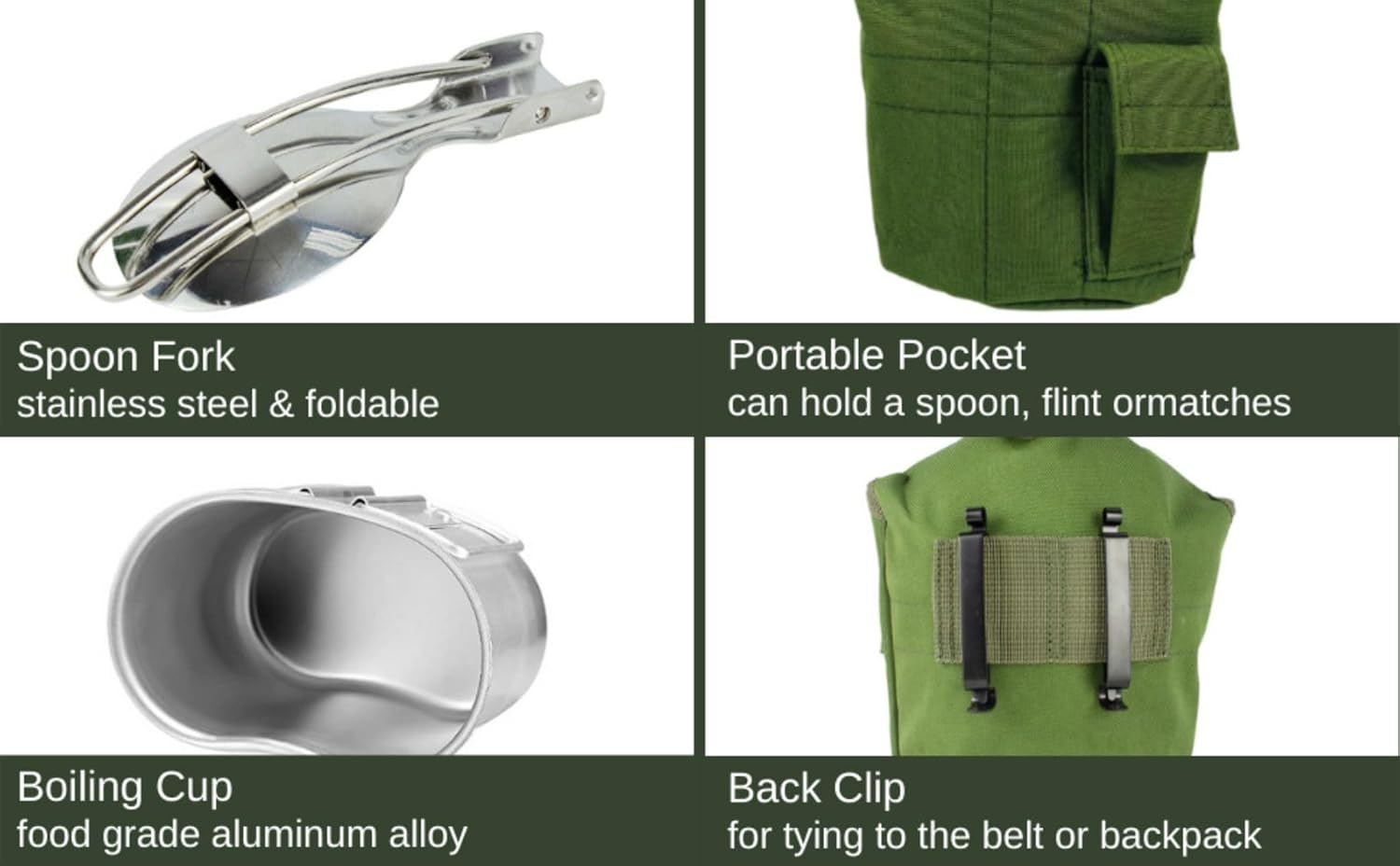 Begrit Military Canteen Army Canteen WWII Canteen Kit with Aluminum Cup Stainless Steel Foldable Spoon Fork for Hiking Backpacking Camping, 1 Quart - Green image number 4
