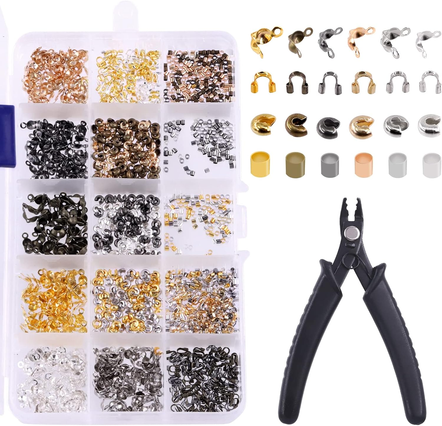 Glarks 1501Pcs 4 Styles 6 Colors Brass Tube Crimp Beads Crimp Bead Knot Cover Wire Guardian Beads Tips Knot Cover with Jewelry Bead Crimping Pliers for DIY Jewelry Bracelet Necklace Making
