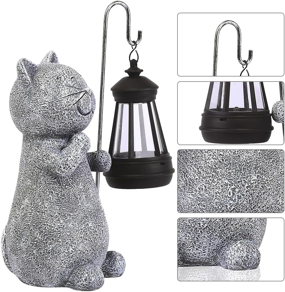 Cat Sculpture Figurine Light, Garden Lights Statue, Garden Ornaments Lantern Outdoor, 25.5 * 12 * 9.5Cm, Grey image number 3