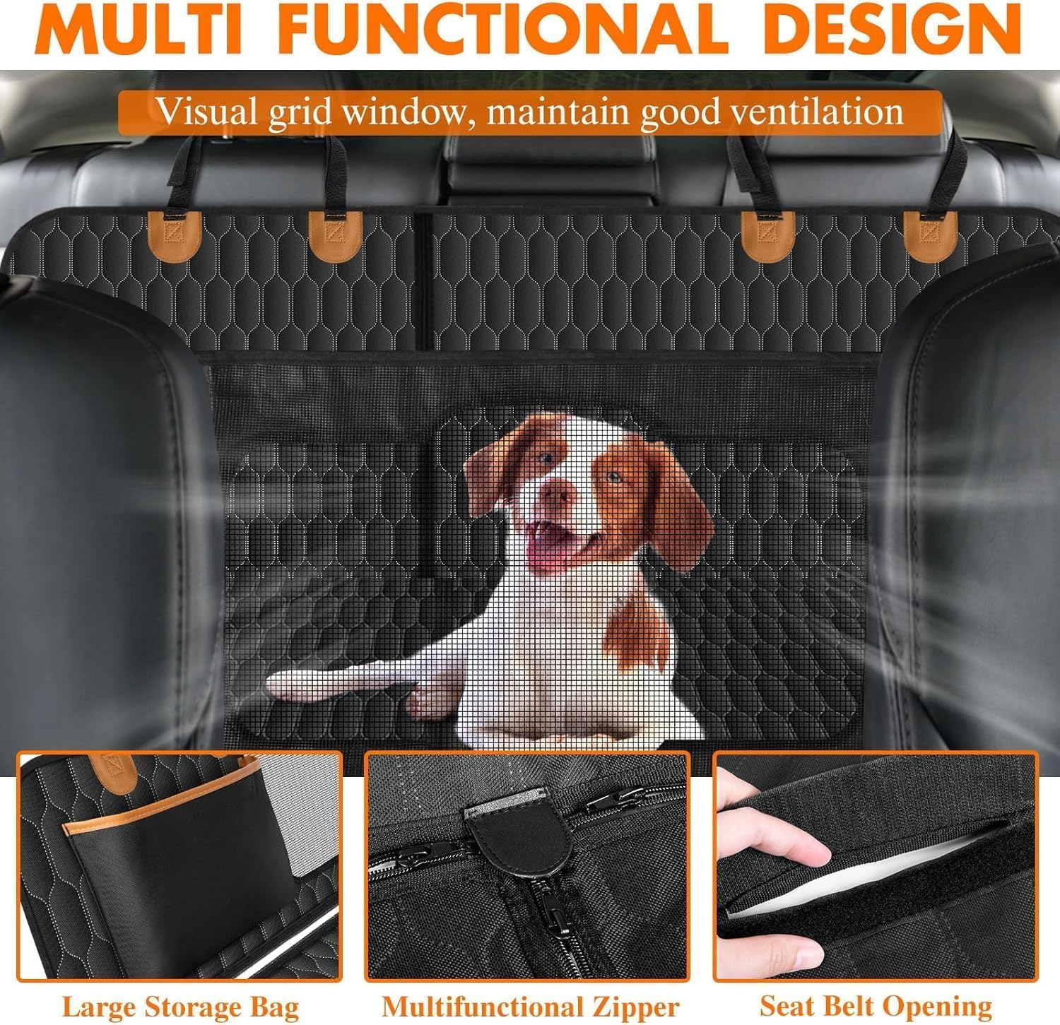 Dog Car Seat Cover - Waterproof Nonslip Car Seat Cover for Dogs - Hammock Style Dog Accessories W/Mesh Window, Scratch-Proof Seat Covers for Dogs - Universal Cars Back Seats - Black & Orange image number 3