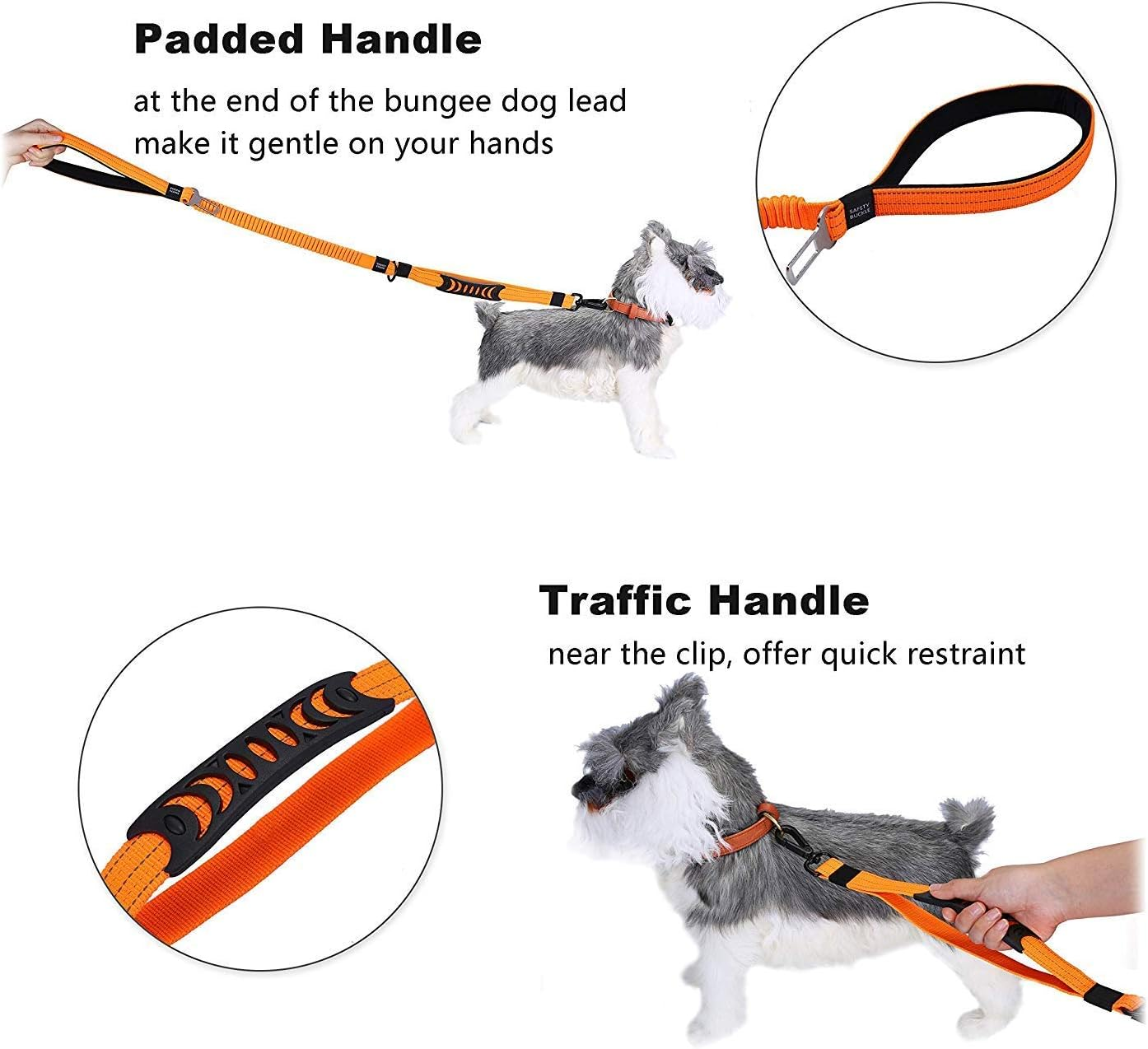 Bungee Dog Leash for Walking - 4-6FT Heavy Duty Dog Leash with Highly Reflective Threads and Buffer, with Car Seat Belt Buckle and Adjustable for Medium and Large Dogs（Orange）
