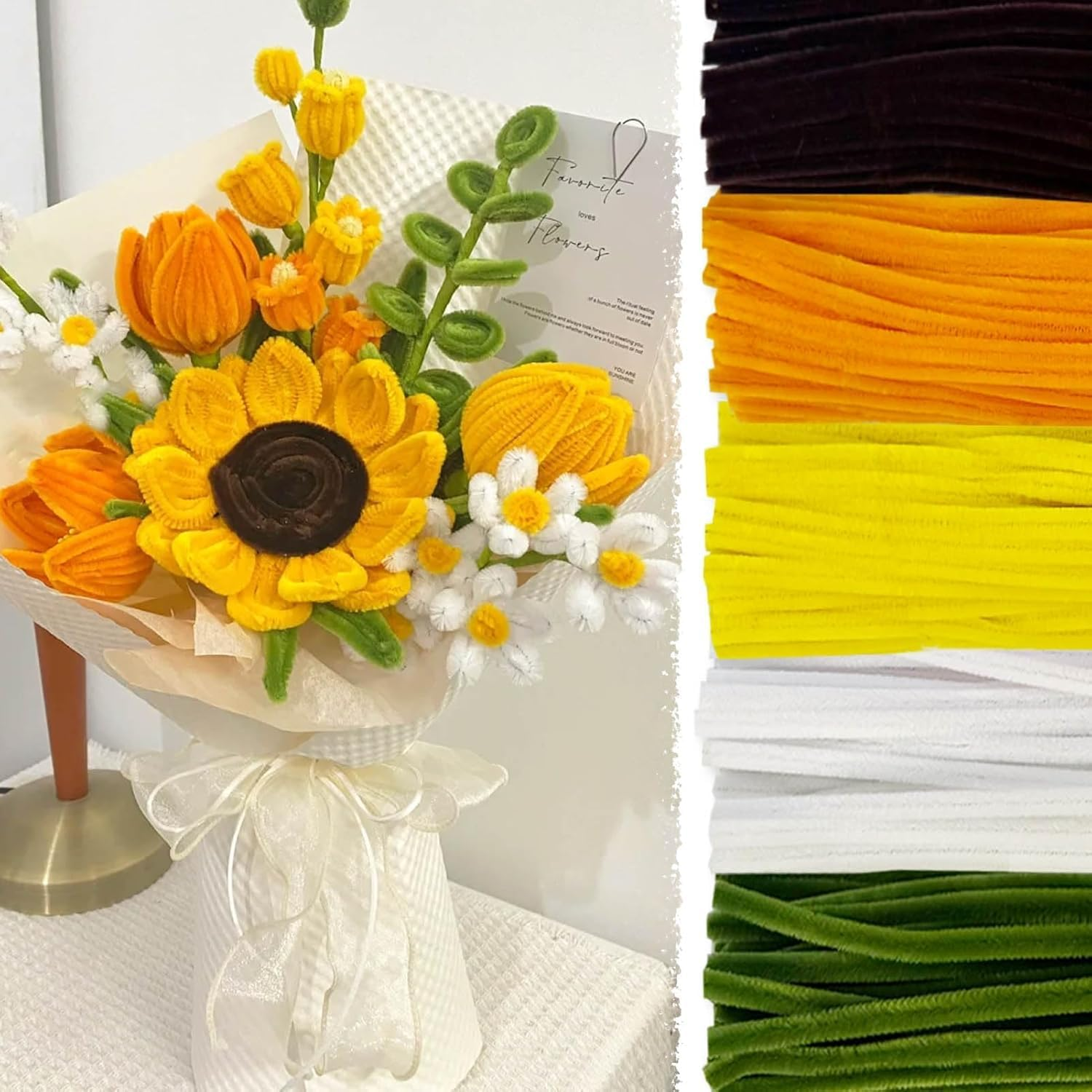 Pipe Cleaners Craft, Sunflower Color Set, 5 Colors 500Pcs Thick & Durable Chenille Stems Fuzzy Sticks Craft Supplies Pipe Cleaners for DIY Art and Craft Creative Gift Party Decorations image number 1