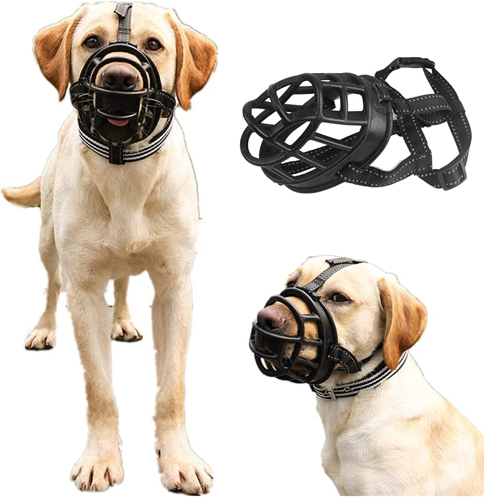 Dog Muzzle, Soft Silicone Basket Muzzle for Pet Dogs Mouth Cover Anti-Biting,Barking and Chewing for Medium and Large Dogs with Reflective Adjustable and Breathable Dog Mouth Cover (Black, Large)