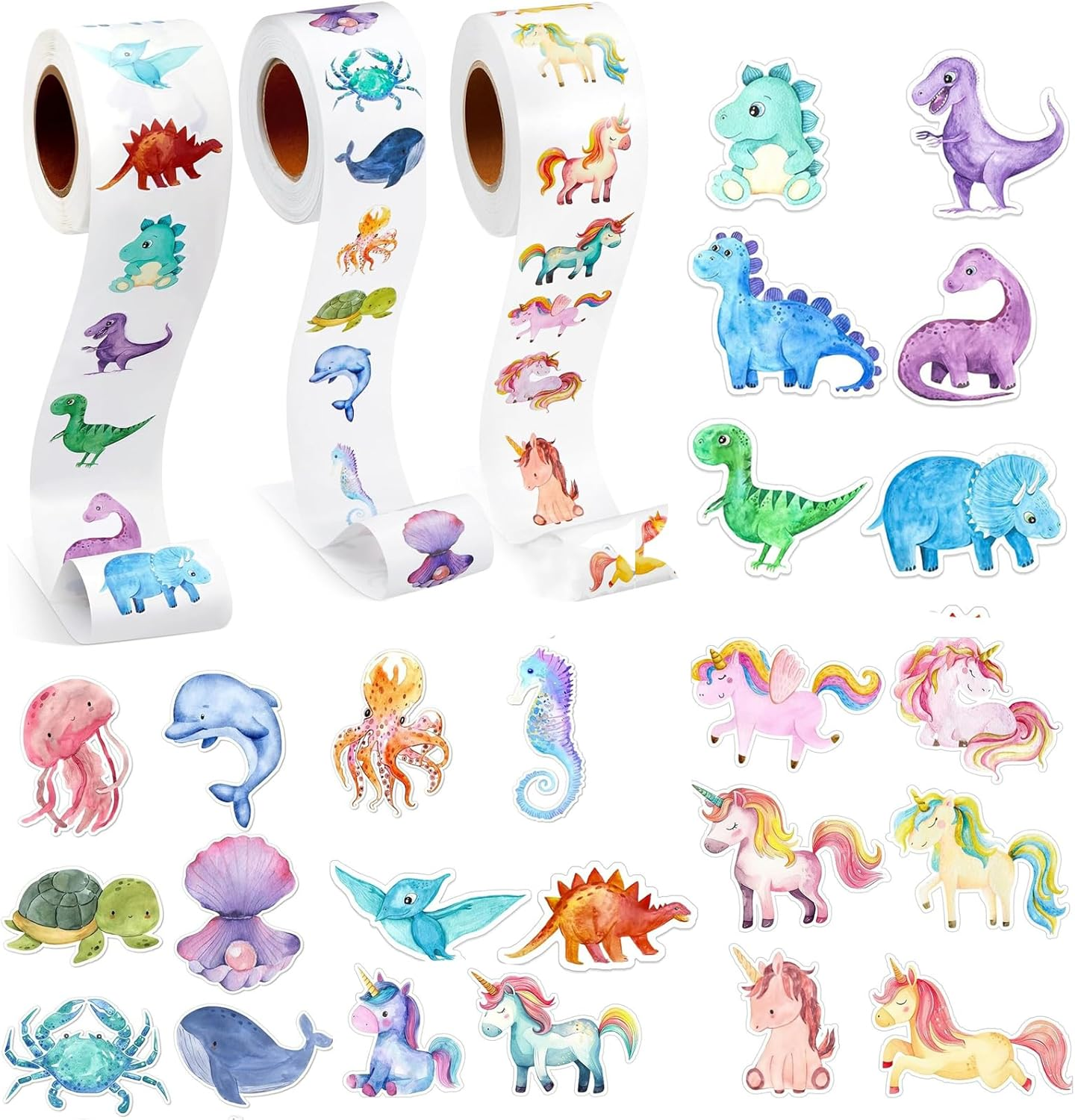 1500Pcs(3 Rolls 2.5Cm/1Inch) Reward Stickers Animal Stickers Unicorn Dinosaur Ocean Animal Stickers Cartoon Teacher Reward Stickers for Kids Party Decoration Children Classroom Nursery School Supplies image number 2