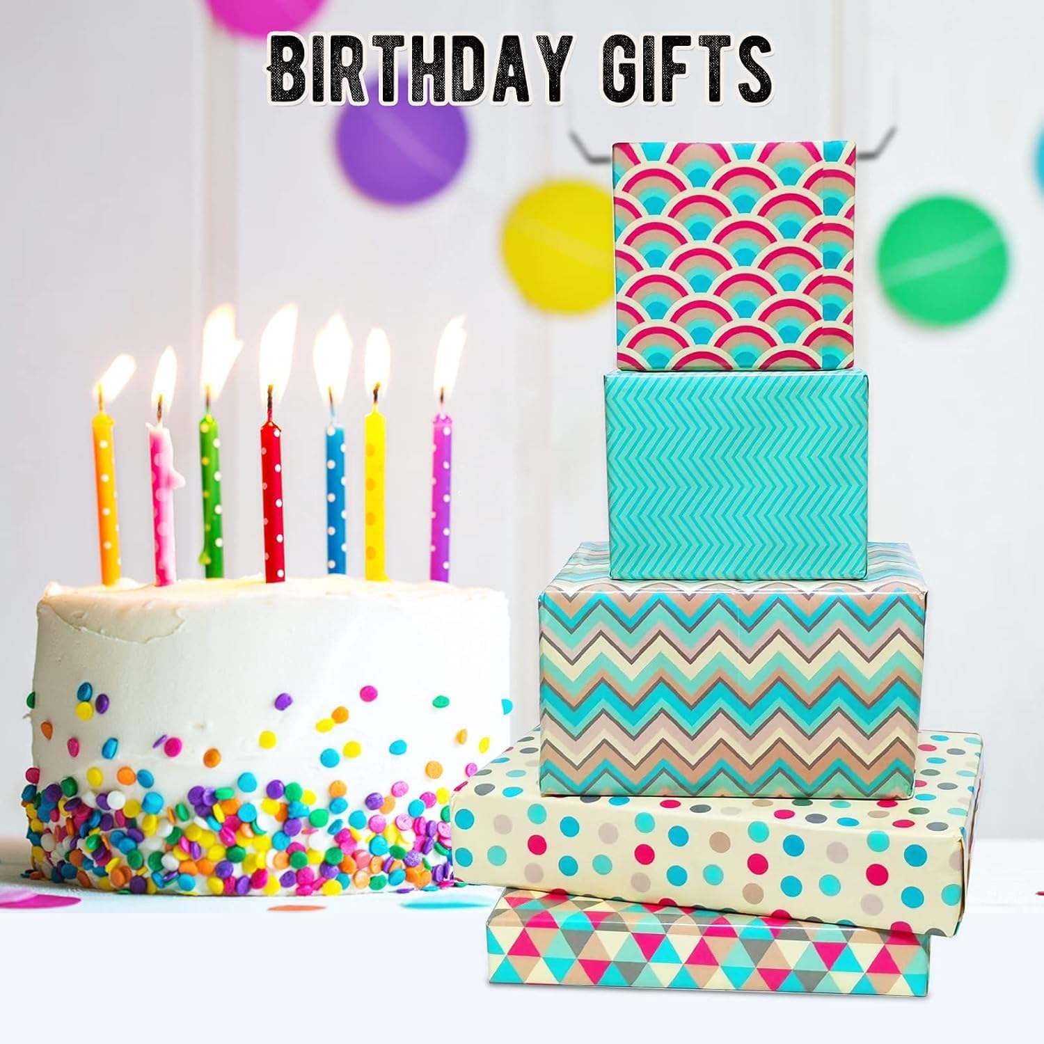 FLTON Gift Wrap Set, 6 Pack Wrapping Paper with Sticker, Eco Friendly 70Cm X 50Cm, Perfect for Birthday, Wedding, Christmas image number 5