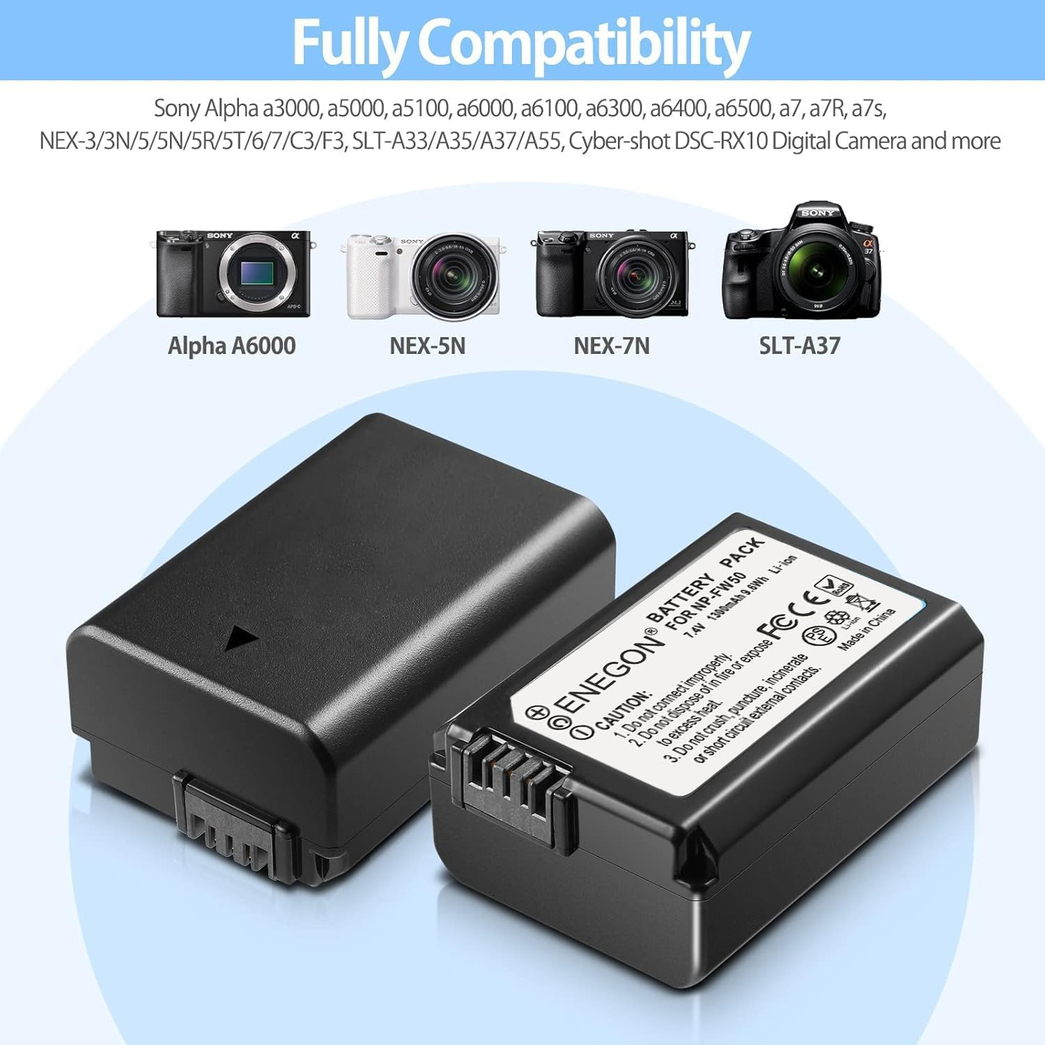 ENEGON 2X NP-FW50 Rechargeable Li-Ion Battery for Sony Alpha A3000 A5000 A5100 A55 A6000 A6100 A6300 A6400 A6500, Sony A7/A7Ii/A7S/A7Sii/A7R/A7Rii Rx10 Rx10Ii, Sony NEX 3/5/7 Series, Sony SLT-A Series