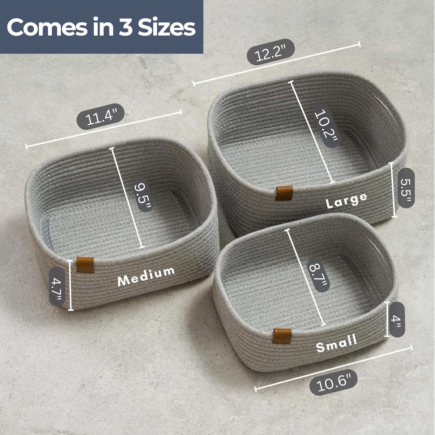 DENJA & CO Decorative Storage Basket Organiser Set of 3 - Woven Cotton Rope Baskets for Bathroom Storage - Nursery Organisation Baskets for Toys, Books, Diapers - Rectangle Basket Set for Home Decor image number 2