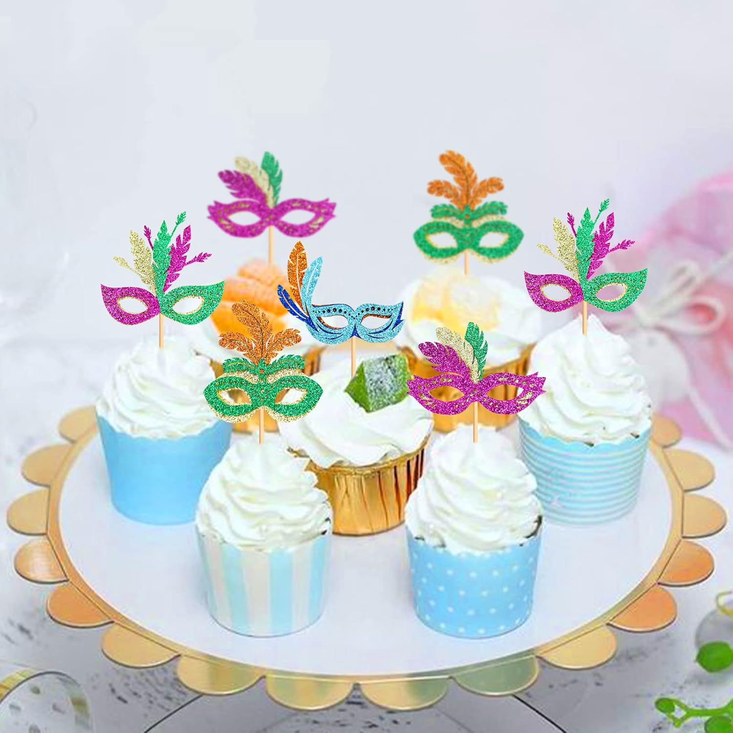 24PCS Masquerade Masks Cupcake Topper Mardi Gras Bachelorette Mask Cupcake Toppers Masquerade Mardi Gras Baby Shower Birthday Party Decorations Supplies 2