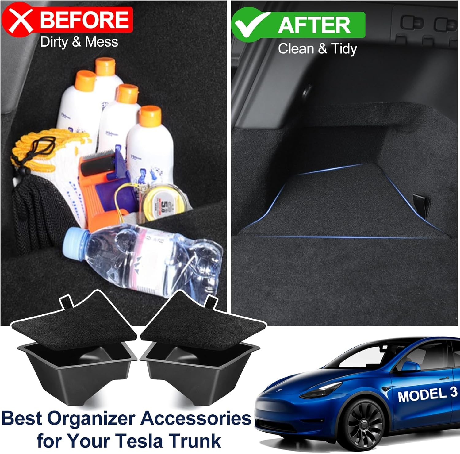 Car Trunk Organizer for Tesla Model 3 Highland 2025 2024, 2-Pack Rear Trunk Storage Boxes with Lids, TPE Waterproof Trunk Side Packets Tray Storage Bins Accessories image number 5