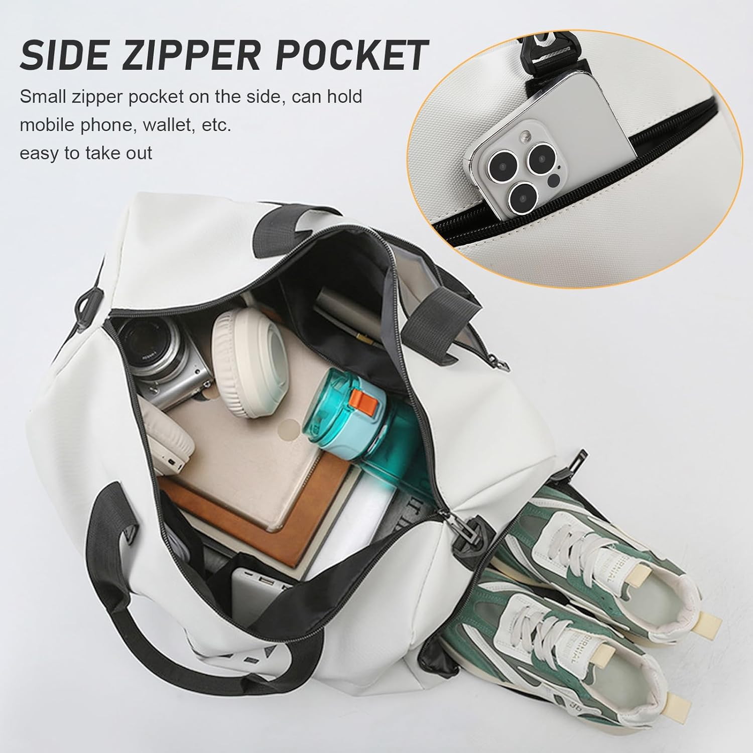 Gym Bag for Men Women, Sports Travel Duffel Bag with Shoe Compartment and Wet Porcket, Weekender Travel Bag Overnight Bag, Multi-Functional Sports Gym Bags for Gym, Sports, Travel, Yoga (Off-White) image number 5