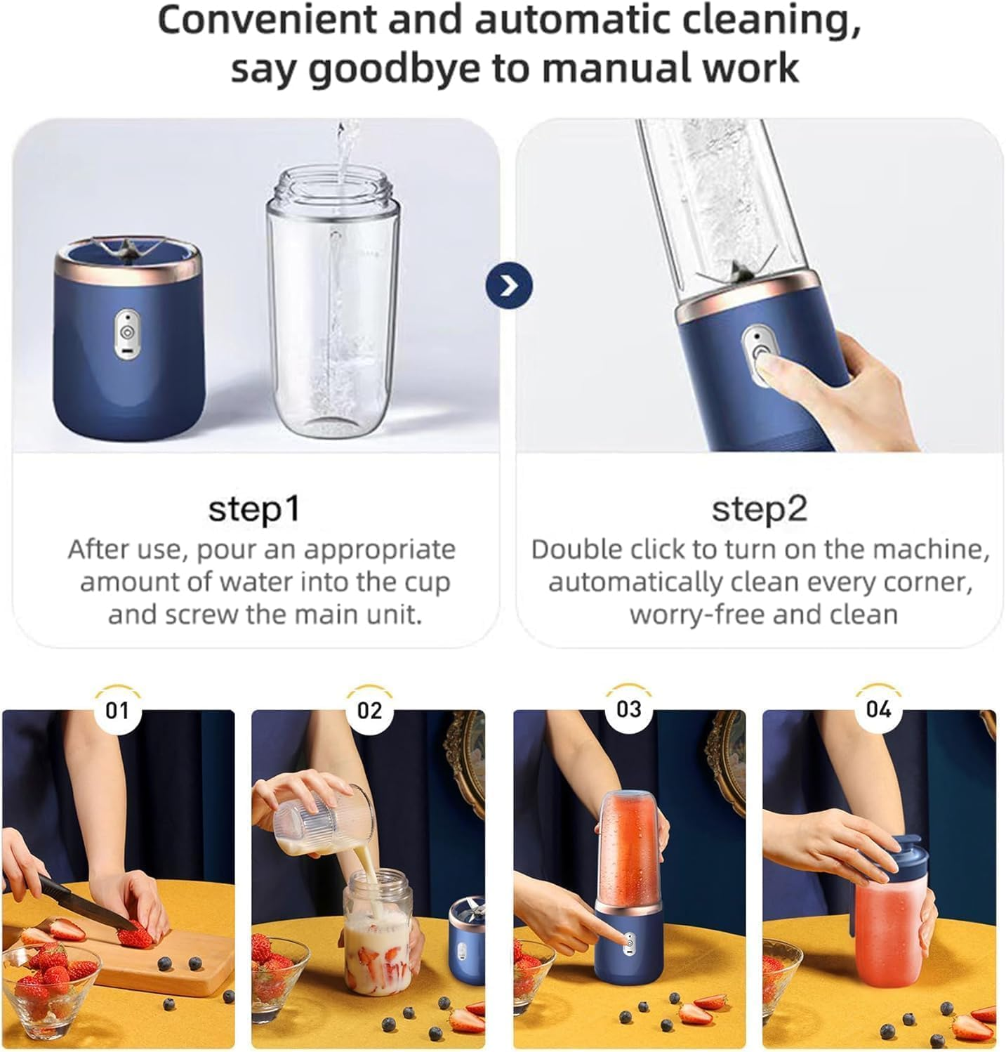 Portable Blender, Wireless Juicer, USB Rechargeable Smoothie Blend with 6 Sharp Blades and Double Cup, Travel Lid, Waterproof Blender for Kitchen with Seal Cover, for Outdoor Office Travel (Blue) image number 3