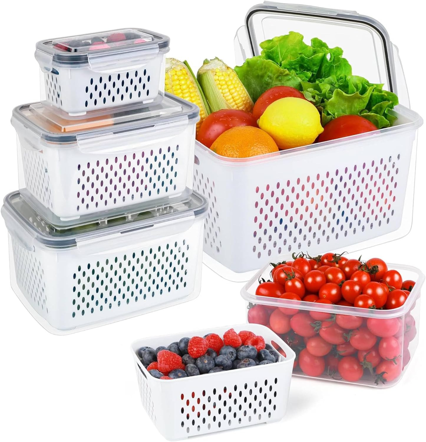 HOMIEST 5 Pack Fruit Storage Containers for Fridge with Removable Colanders - Food Storage Containers with Lids, Bpa-Free Produce Containers Keep Fruits, Vegetables, Berry, Meat Fresh Longer image number 4