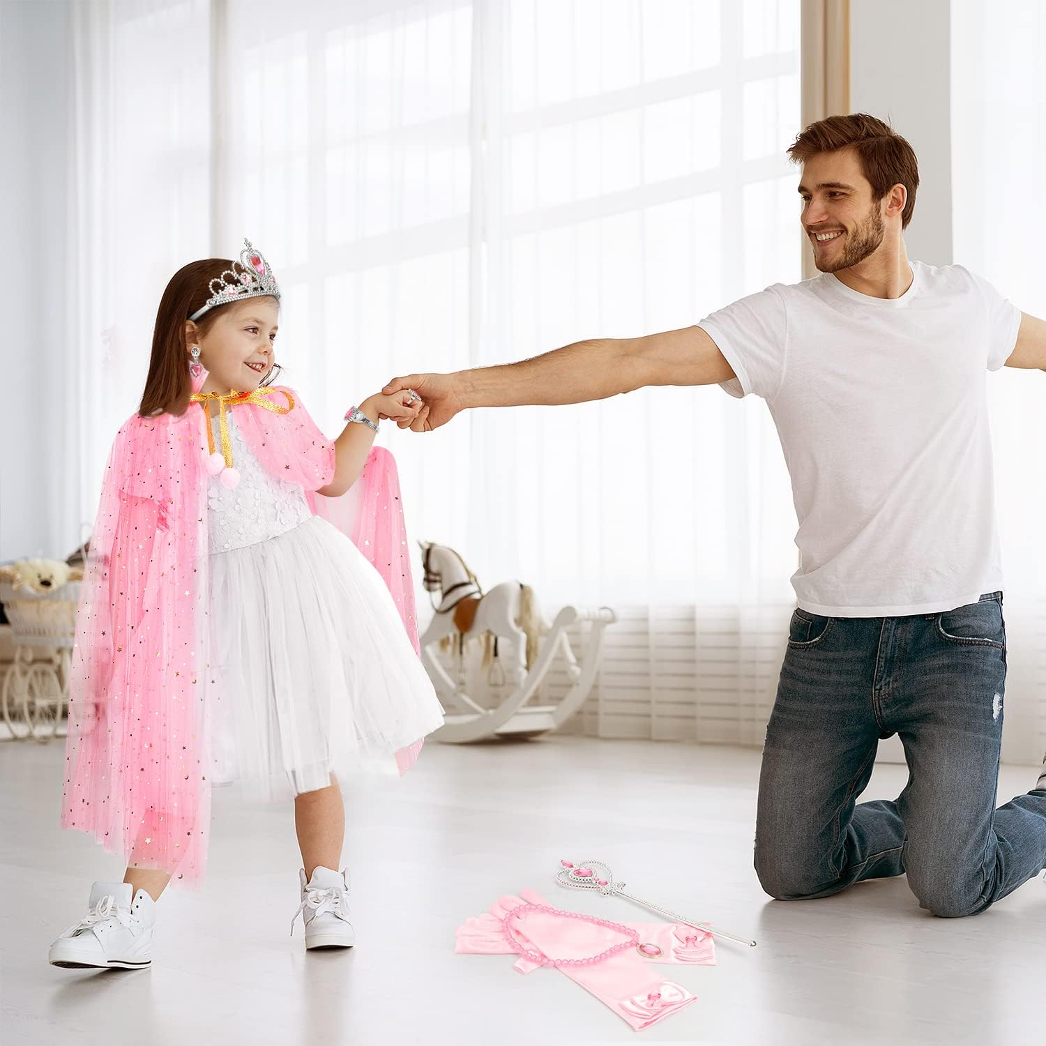 Hapgo 10 Pieces Princess Cape Set Dress up Clothes for Little Girls Party Cosplay Cloak with Jewelry Tiara Crown Wand Gloves - Rainbow image number 2