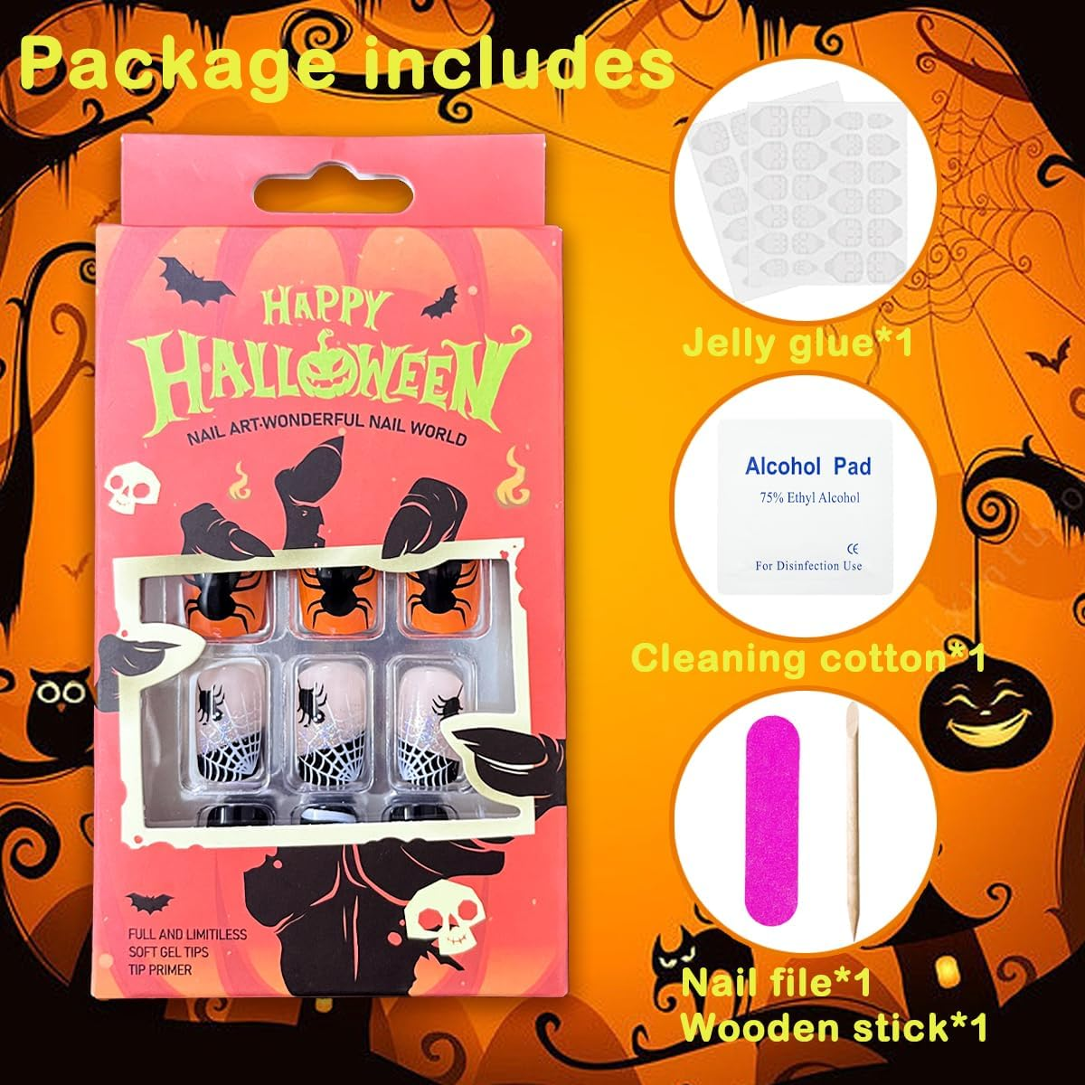 24Pcs Short Square Press on Nails Halloween Cute Fake Nails Black White Spider Web Cartoon Print Glossy Stick on Nails for Women DIY Manicure