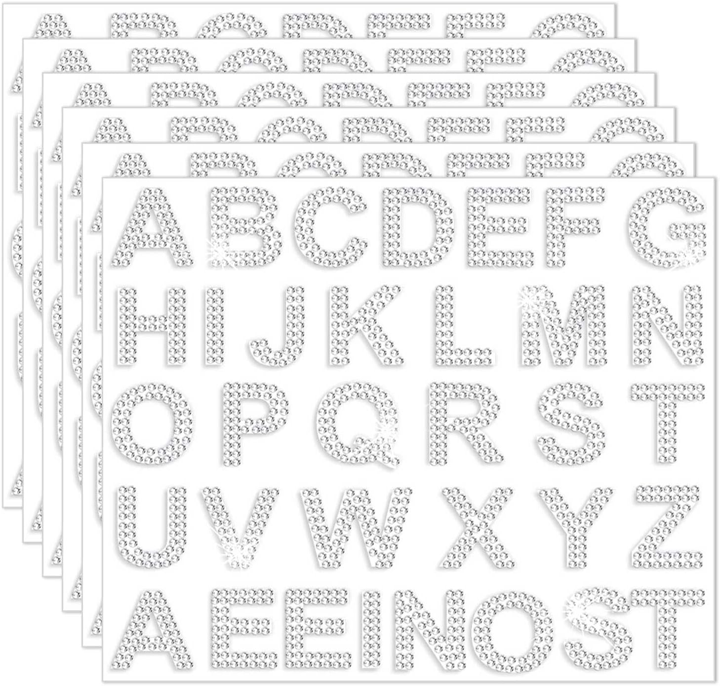 204 Pieces Rhinestone Letters Stickers, 6 Sheets Glitter Self Adhesive Diamond Alphabet Stickers Silver Bling Crystal Letter Stickers Gemstone Border Stickers for DIY Craft Decors (Golden)