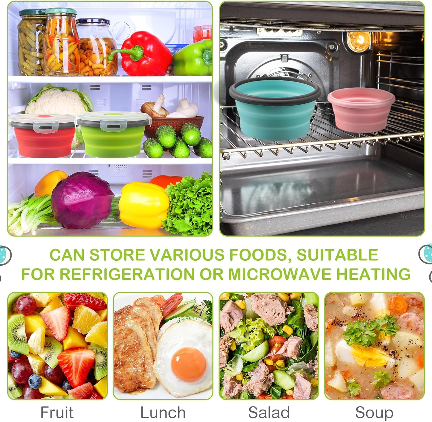 Suclain 4 Pcs Camping Bowl with Lid Collapsible Silicone Bowl Lunch Box Salad Bowl Expandable Food Storage Container Set Folding Travel Bowl for Hiking Heat (Red, Pink, Blue, Green,17, 12, 41, 27 Oz) image number 5