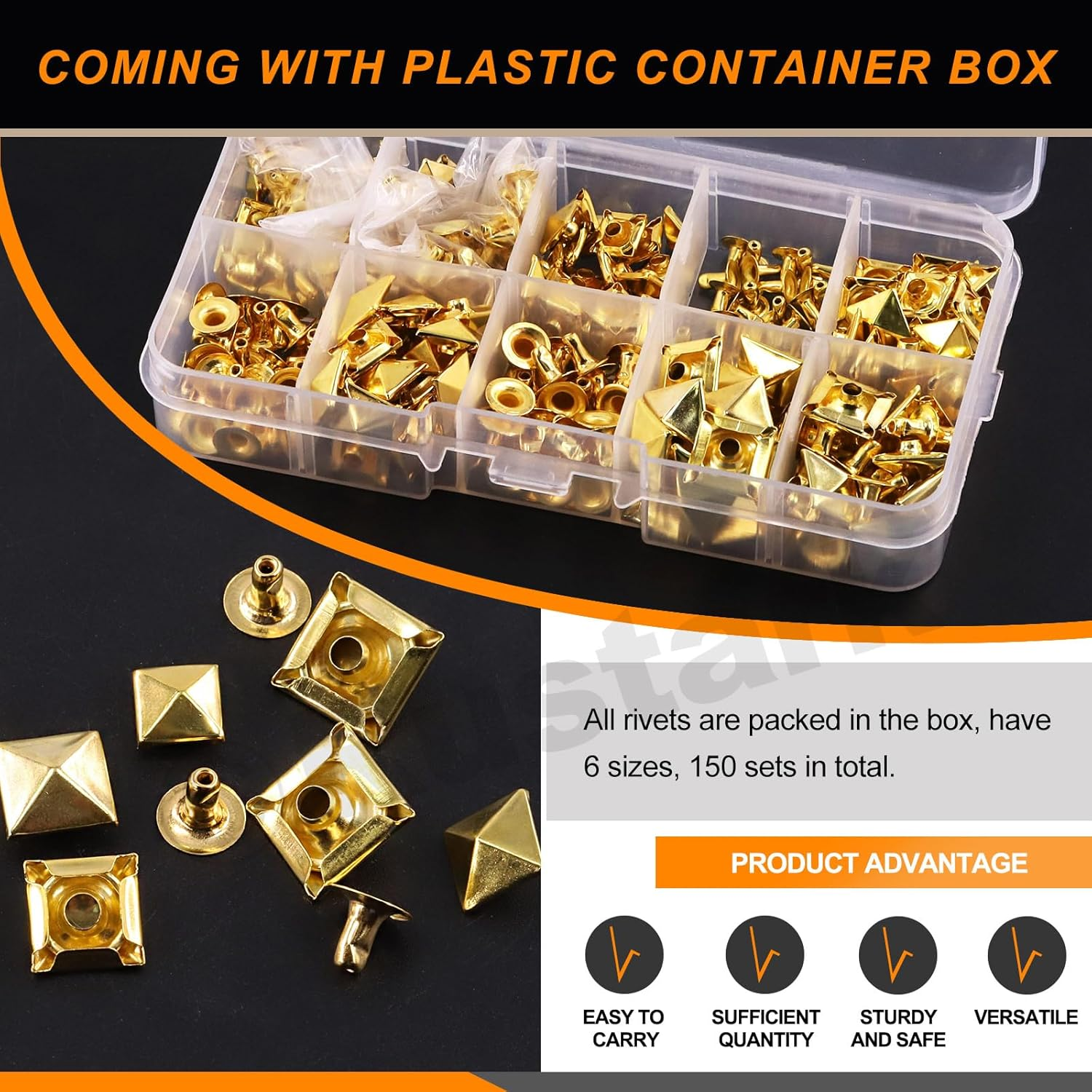 Rustark 150 Sets 6 Sizes 6Mm 7Mm 8Mm 9Mm 10Mm 12Mm Silver Pyramid Rivet Square Leather Rivets Kit Metal Studs Pyramid Rapid Rivet Studs Assortment Kit for DIY Leather Craft Decorations image number 4