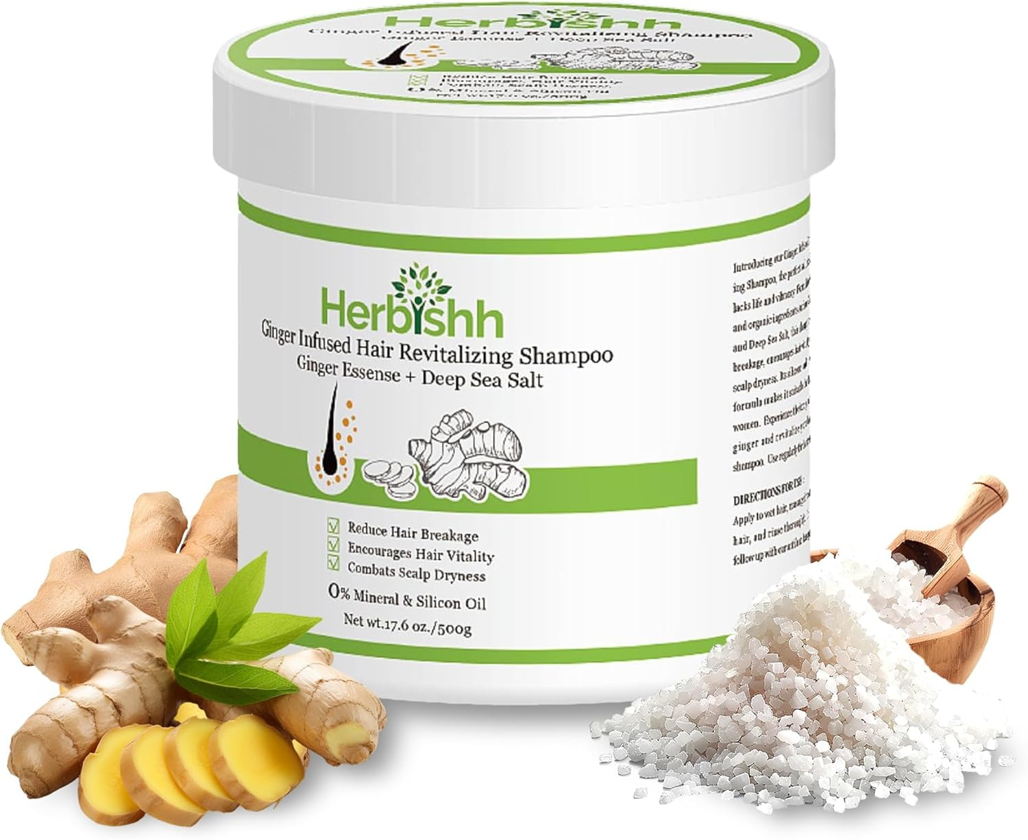 Herbishh Ginger Hair Revitalizing Shampoo Jar with Deep Sea Salt &ndash; anti Dandruff Shampoo for Weak, Brittle Hair & Dry Scalp &ndash; Boosts Hair Growth & Free from Mineral & Silicon Oil, 500 G/17.6 Oz image number 1