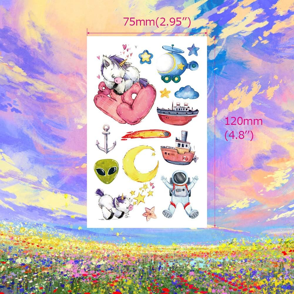 Kids Temporary Tattoos for Little Girls Boys, 120+ Small Space Astronaut Alien Dinosaur Mermaid Fake Face Stickers for Children Birthday Party Supplies Goodie Bag Stuffers image number 2