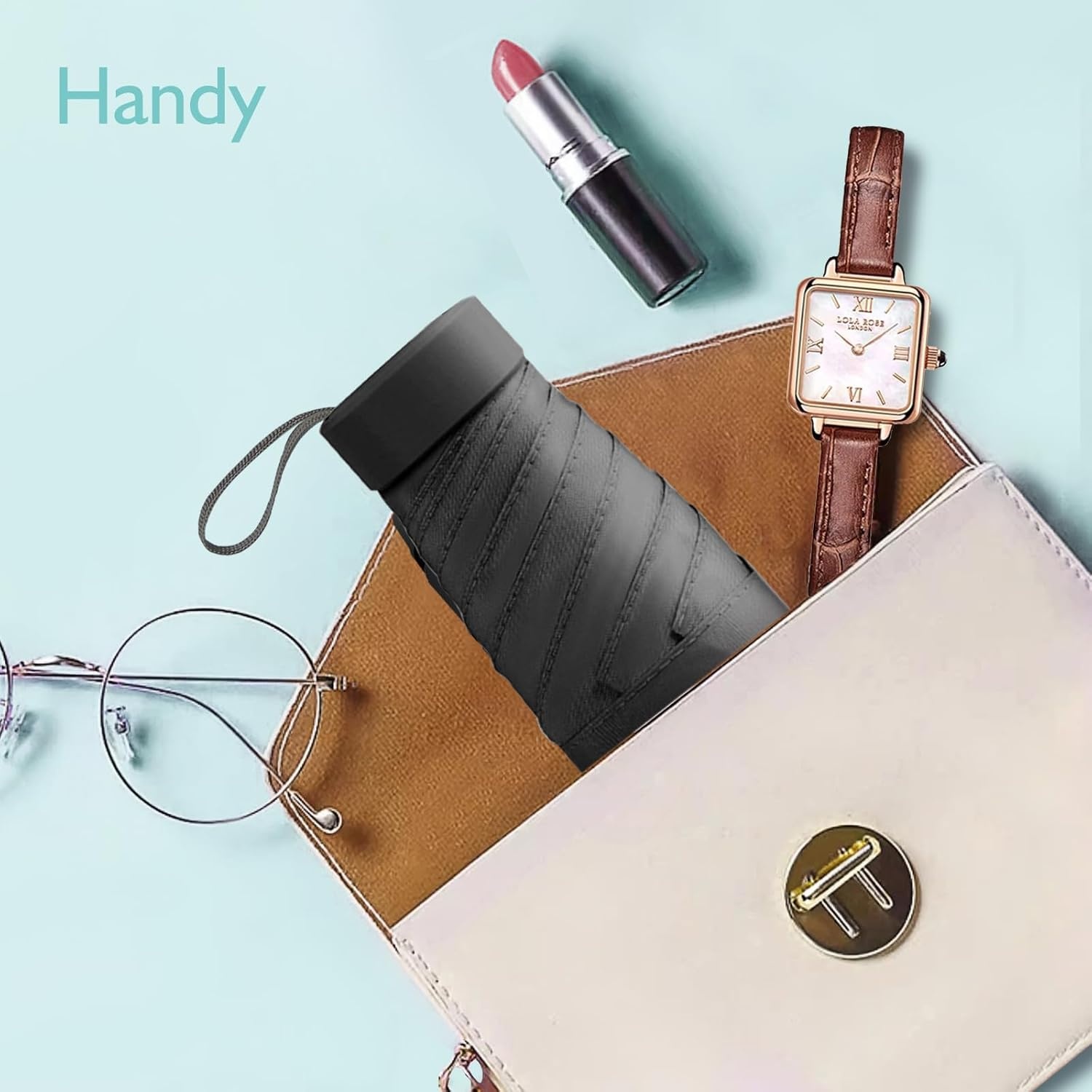 Compact Mini Umbrella for Purse - Lightweight, Pocket-Sized Travel Umbrella with Black UV Coating for Sun Protection, Purple image number 6