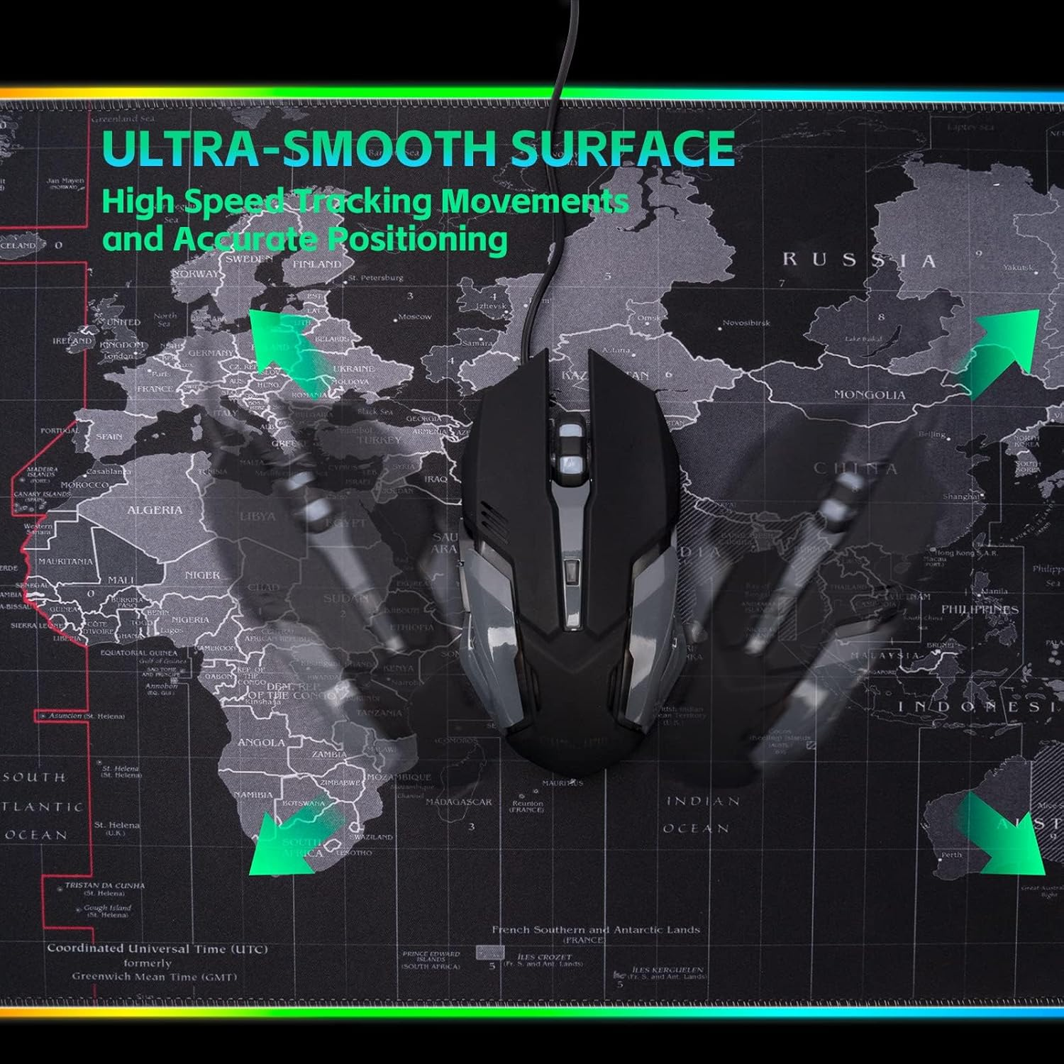 RGB Mouse Pad, Large XXL 80 X 30Cm, World Map, Polyurethane & Rubber, Gaming & Office, LED Lights, Non-Slip Base, Edge Stitching, Plug & Play Memory Function image number 6