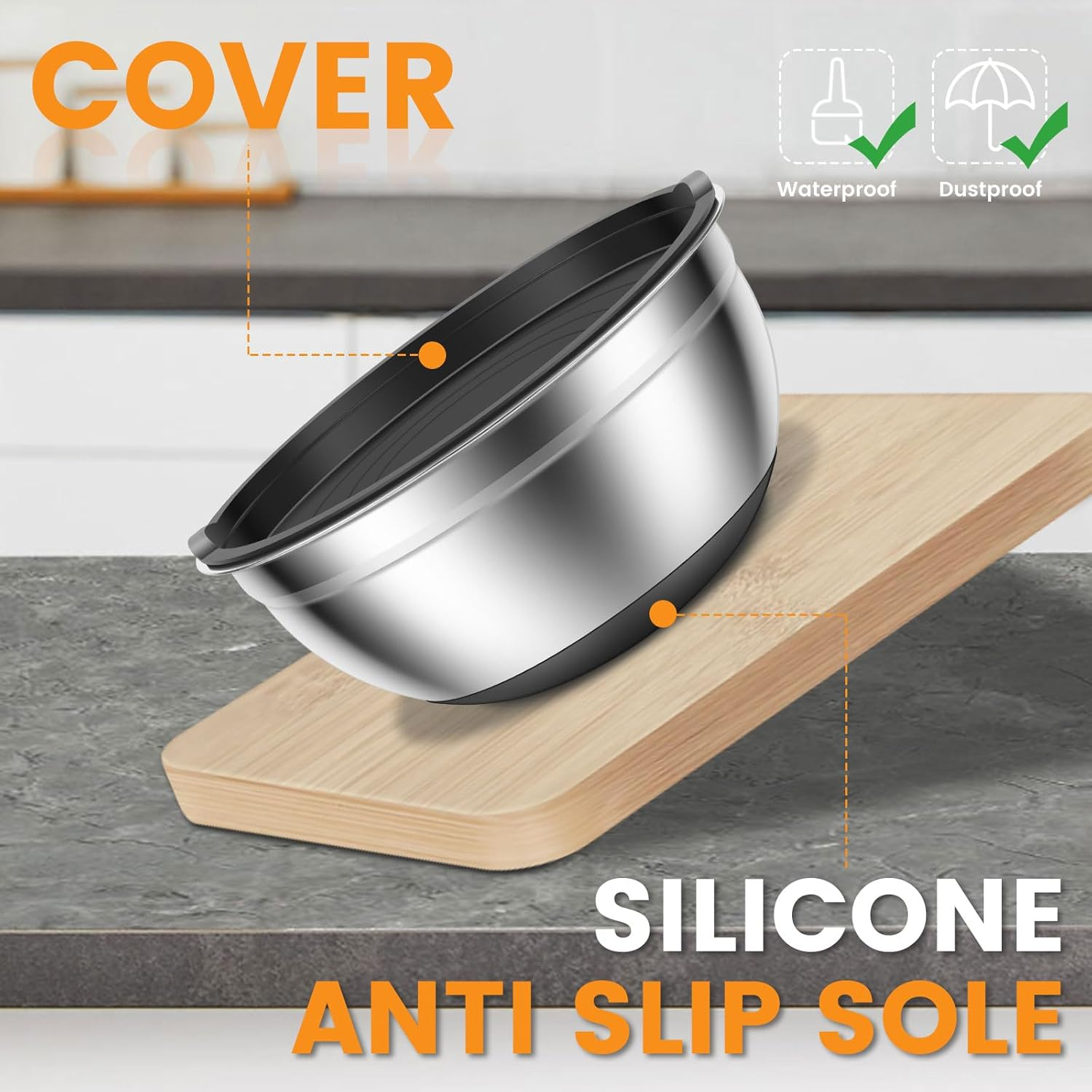 Set of 5 Mixing Bowls with Lids Stackable Stainless Steel Nesting Bowls with Non-Slip Bottoms for Kitchen Mixing Baking Prepping Cooking Serving (Set of 5) image number 4