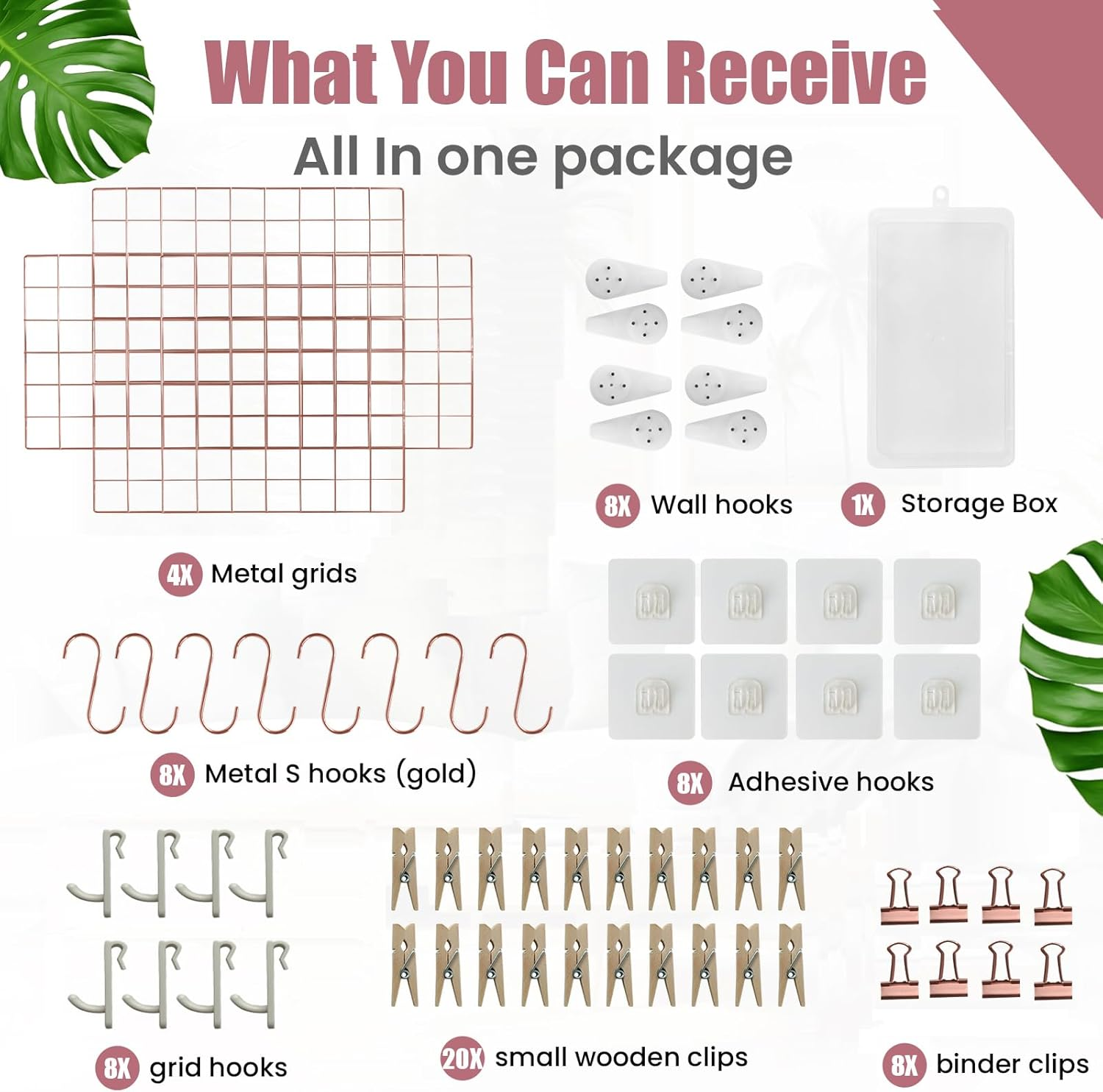 Metal Grid Wall Panel, Photo Display Organizer, 17.3"&times;11.8" Rose Gold Wire Board, Picture Frame, 4-Pack Mesh Memo Board with Clips and Hooks image number 1