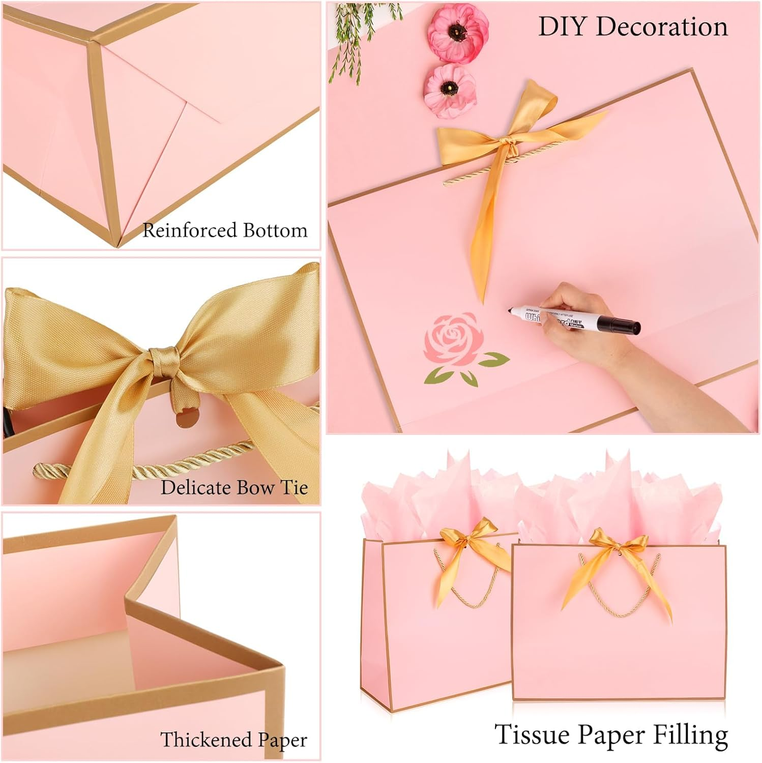 Oundarm 3 Pack 43 X 32 X 14CM Extra Large Bow Pink Gold Gift Bags with Greeting Cards＆Tissue Paper, Large Gift Bags for Presents with Handles for Mothers Day Valentines Day Bridesmaid Wedding Birthday image number 2