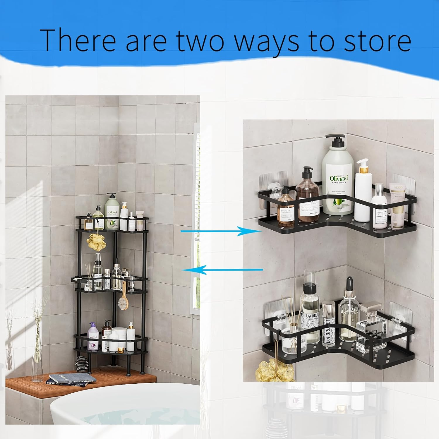 3 Pack Corner Shower Caddy, Bathroom Shelf 2-In-1, Shower Organiser No Drilling, Black Rust-Resistant Adhesive Shower Shelf, Shower Storage with Soap Holder, Bathroom Accessories image number 3