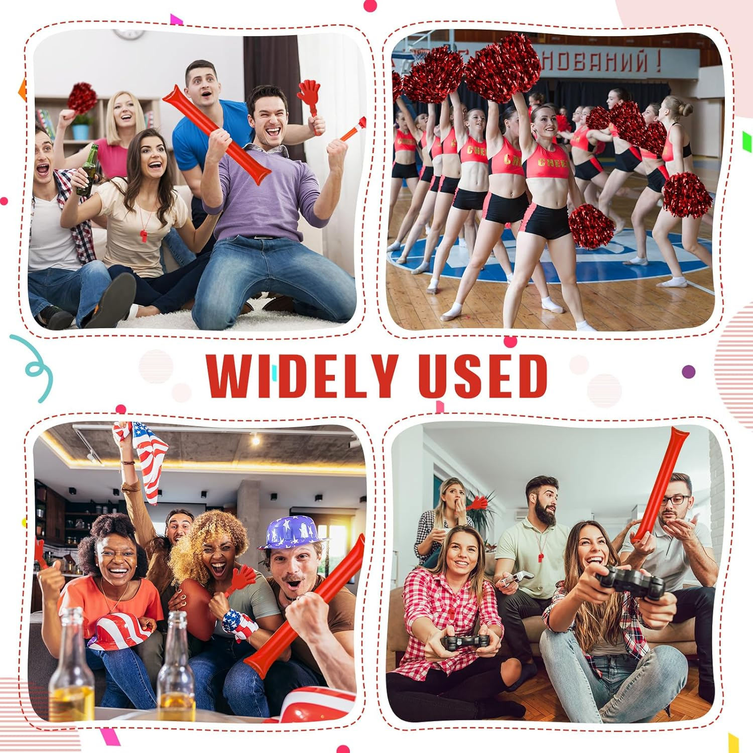 48 Pcs Cheerleading Pom Poms Thunder Sticks Hand Clappers Plastic Whistles with Lanyards Squawker Horns - Biue image number 4