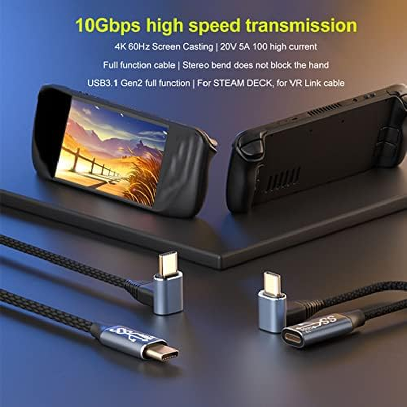 USB C to USB C Cable 90 Degree for Steam Deck, 100W Right Angle USB C to C Type C PD Fast Charging Cord for Games, USB C Cable for Notebook Phone (100Cm)