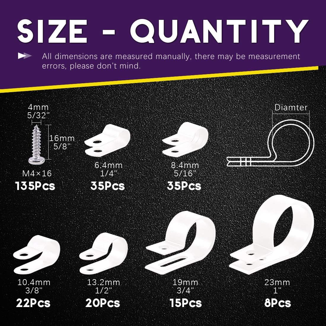 Swpeet 135 Pack 6 Sizes White Nylon Plastic R-Type Cable Clips Clamp Assortment Kit, 1/4" 5/16" 3/8" 1/2" 3/4" 1" Nylon Screw Mounting Cord Fastener Clips with 135 Pack Screws for Wire Management - White image number 6
