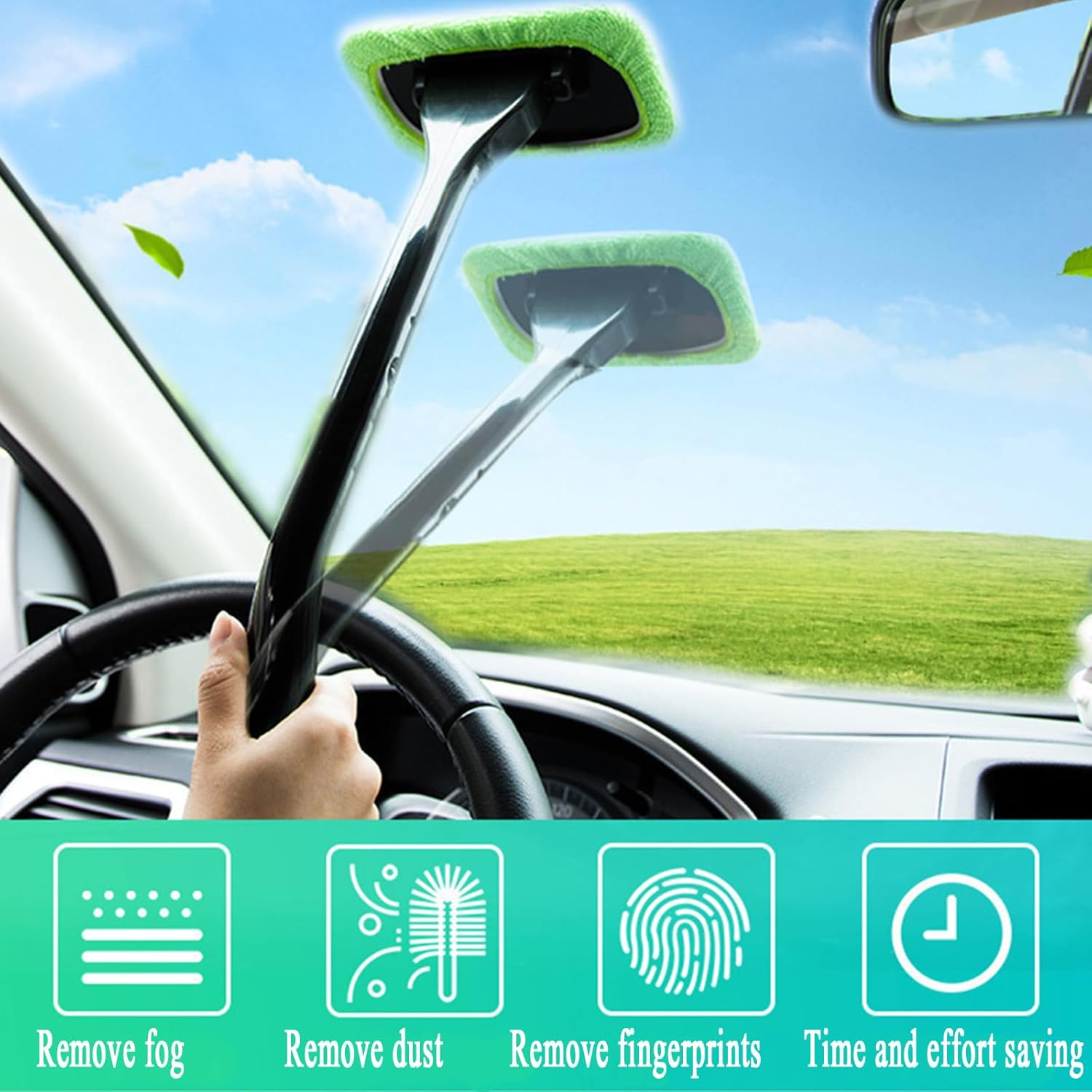 Microfiber Car Window Cleaning Tool, 4 Washable Reusable Cloth Pads,A 180 &deg; Twist Handle image number 4